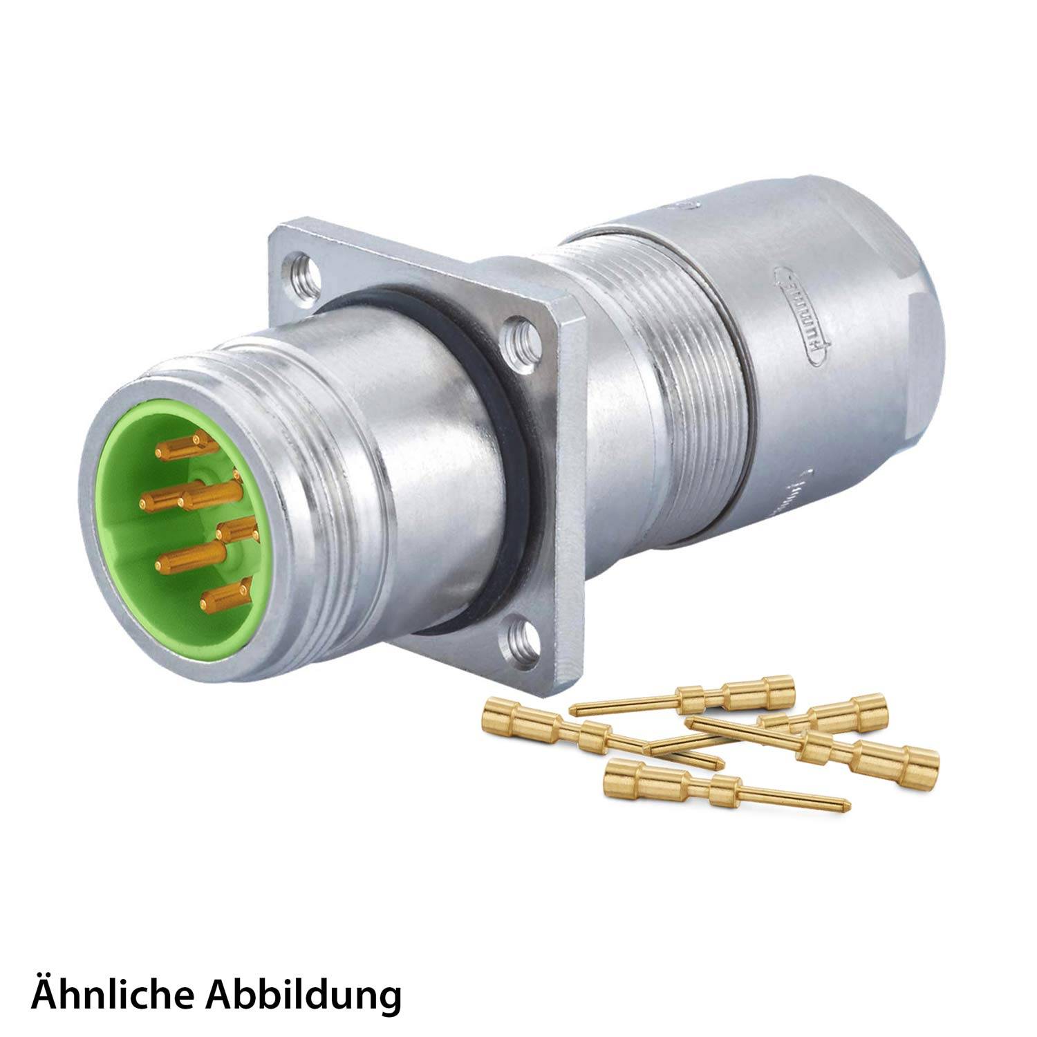 Ein kreisförmiger metallischer elektrischer Anschluss mit einem grauen metallischen Gehäuse und grünem Innenleben, mit mehreren kleinen goldenen Kontaktstiften daneben.