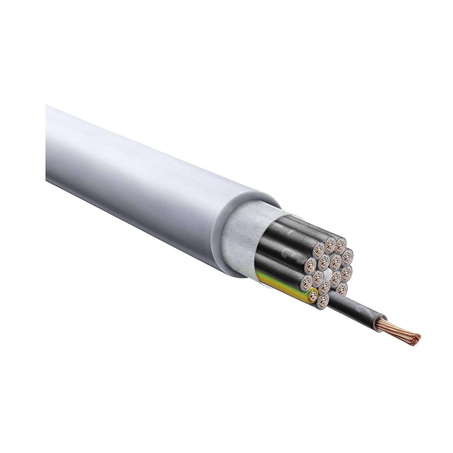 Eine Schnittansicht eines elektrischen Kabels, die interne Verdrahtung mit Kupfersträhnen zeigt und seine Konstruktion und Materialzusammensetzung hervorhebt.