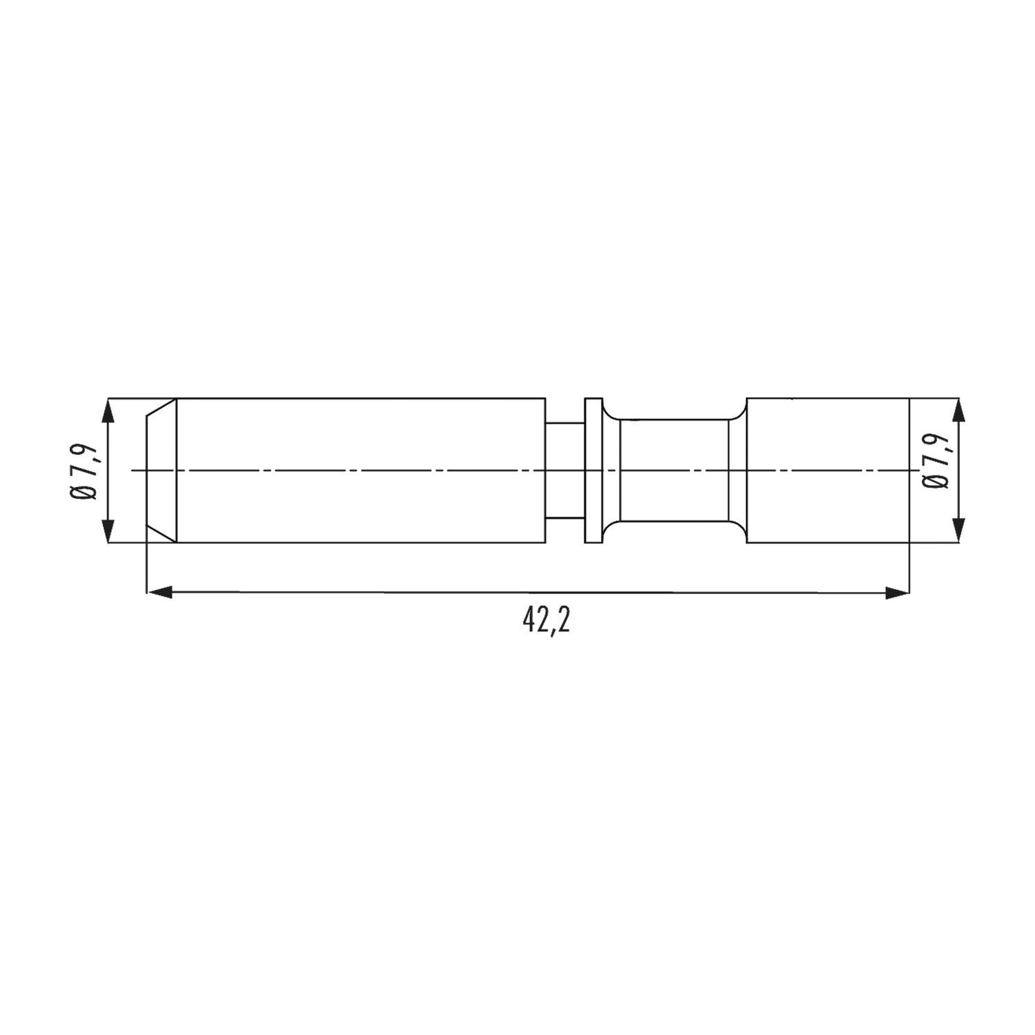 Technische Zeichnung eines zylindrischen Objekts mit einer Länge von 42,2 Einheiten und einem Durchmesser von 7,9 Einheiten an beiden Enden.