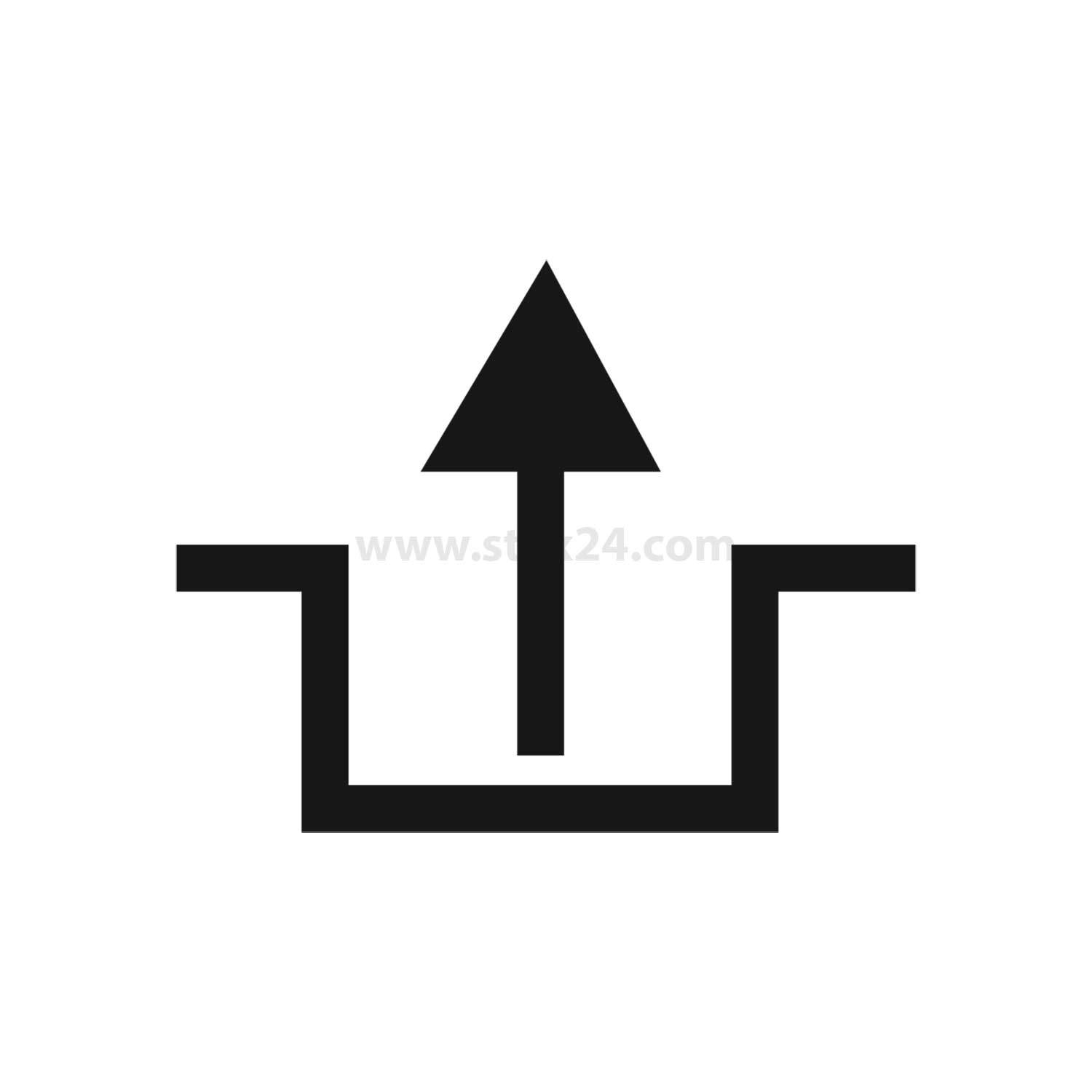 Ein Symbol, das das 'Hochladen' darstellt, mit einem nach oben gerichteten Pfeil, der aus einem quadratischen Behälter herausragt.