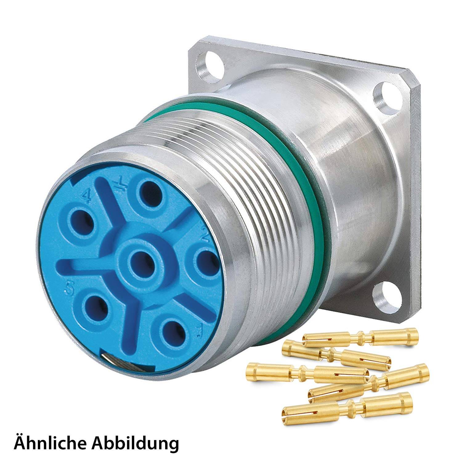 Steckverbinder mit blauer Vorderseite und Metallkörper, daneben mehrere goldene Steckerkontakte. Text im Bild: Ähnliche Abbildung.