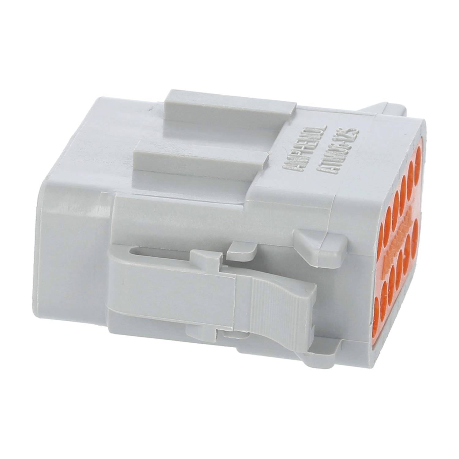 Ein grauer Automotive-Elektroverbinder mit mehreren orangefarbenen Anschlüssen ist zu sehen, der für sichere elektrische Verbindungen in Fahrzeugen verwendet wird.