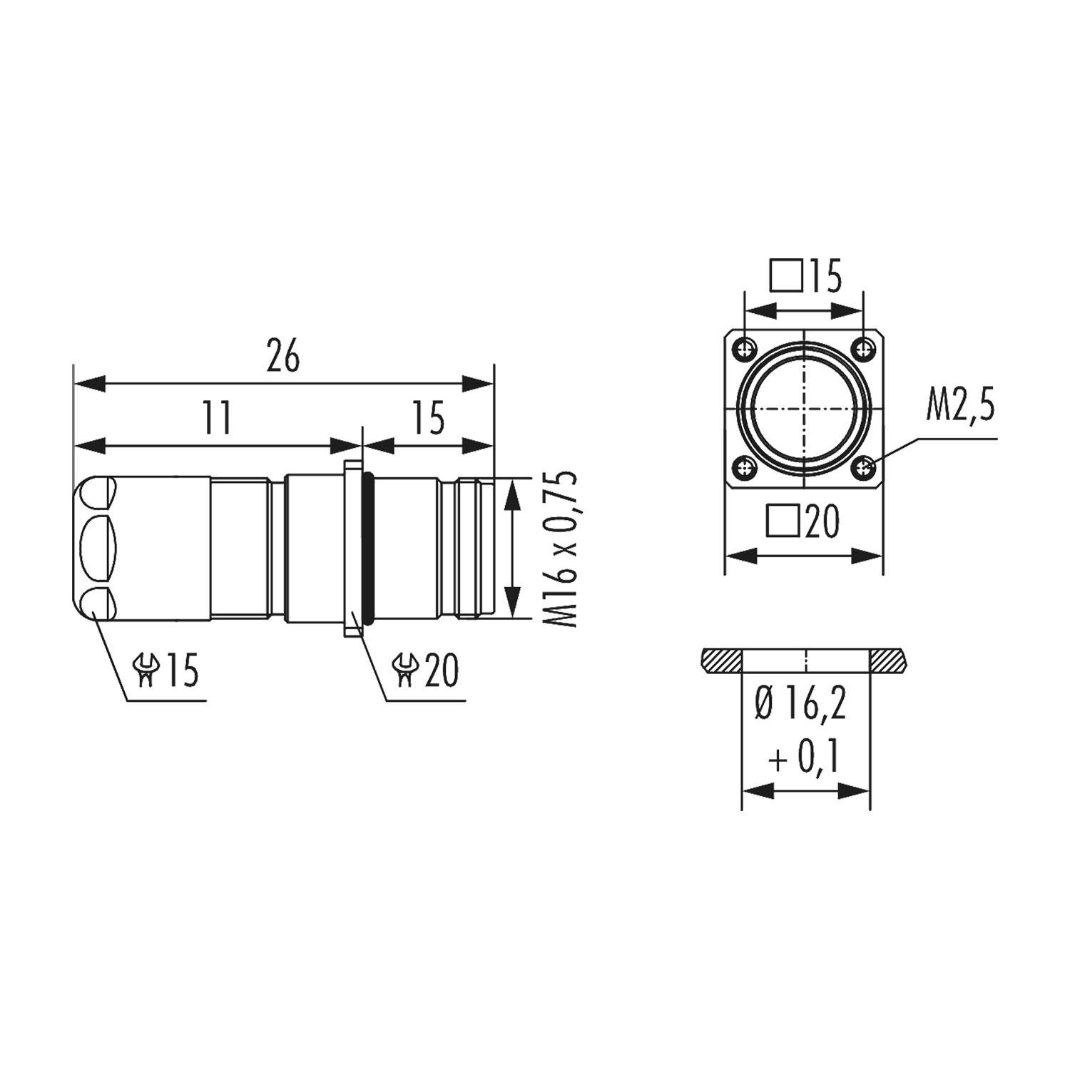 „Technische Zeichnung eines Verbindungsstücks. Seitenansicht zeigt eine Länge von 26 mm mit verschiedenen Durchmesser- und Gewindedetails. Frontansicht stellt Bolzenmuster mit einem Abstand von 15 mm dar.