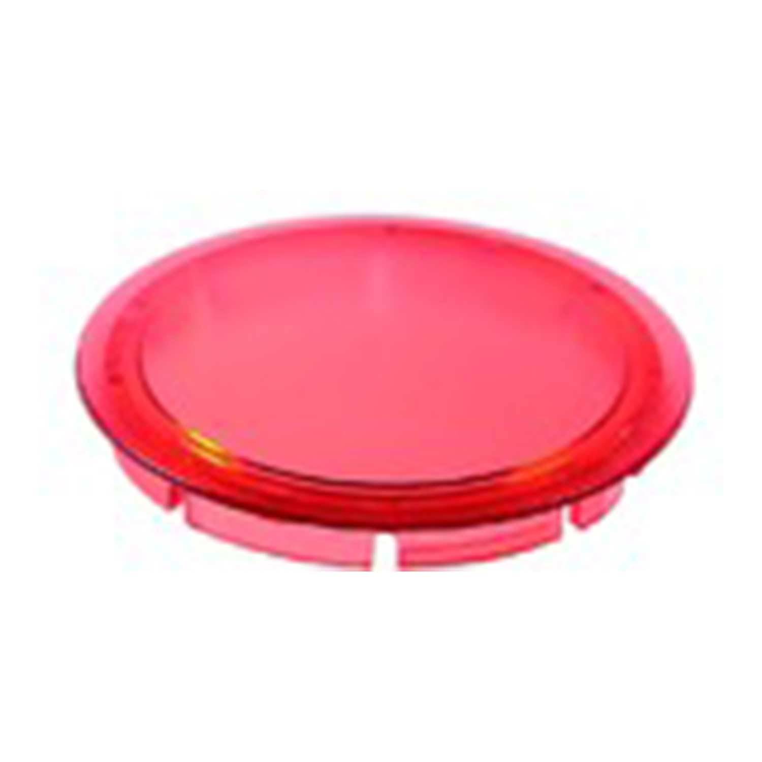 Eine runde rote Linse, die als Komponente für Sensoren oder Indikatoren verwendet wird und Licht auf ihrer Oberfläche reflektiert.