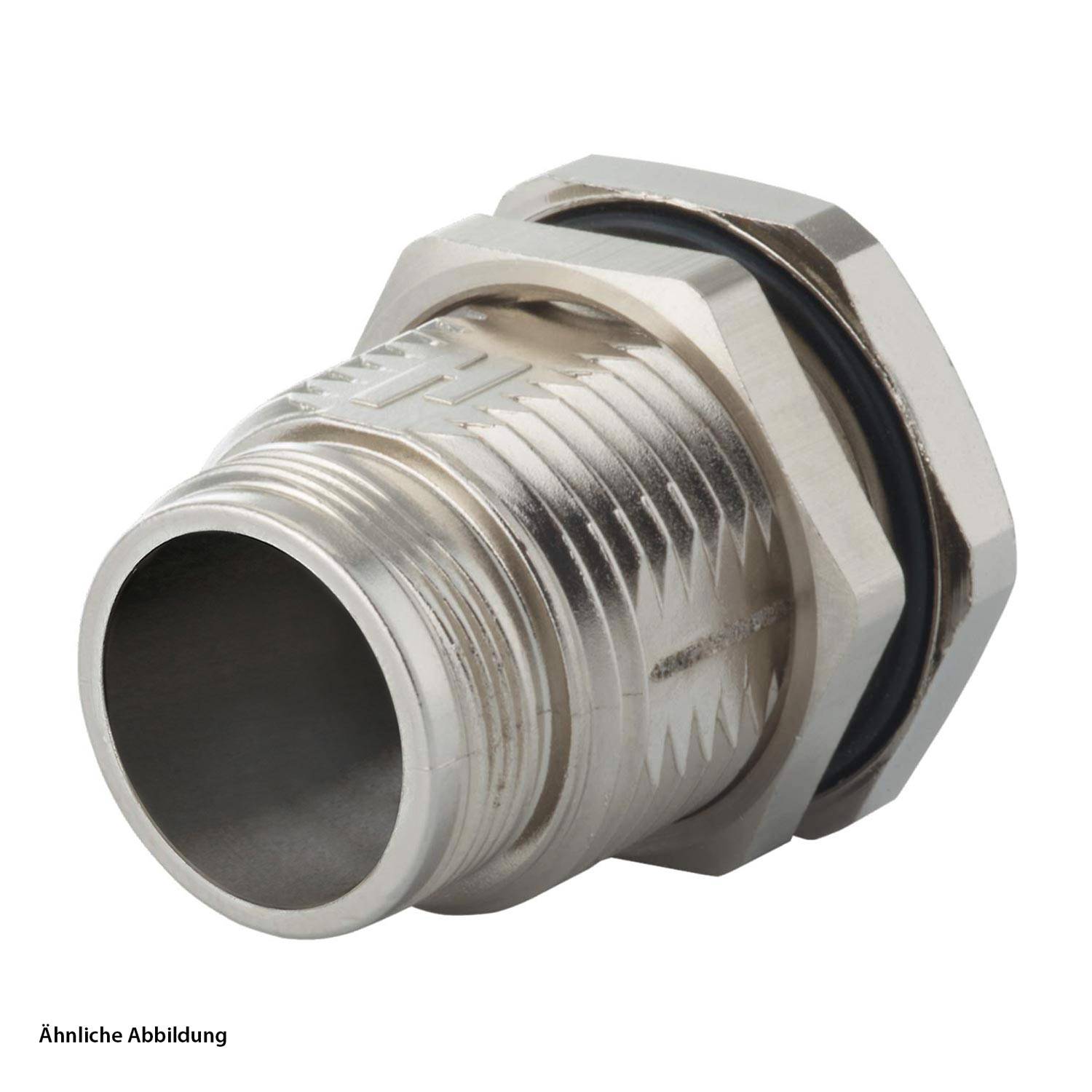 Ein metallischer Kabelverschraubungseinsatz mit strukturierter Gewinde und einem schwarzen Dichtungsring, der zum Sichern von Kabeln verwendet wird, die durch eine Maschine oder ein Gerät geführt werden.