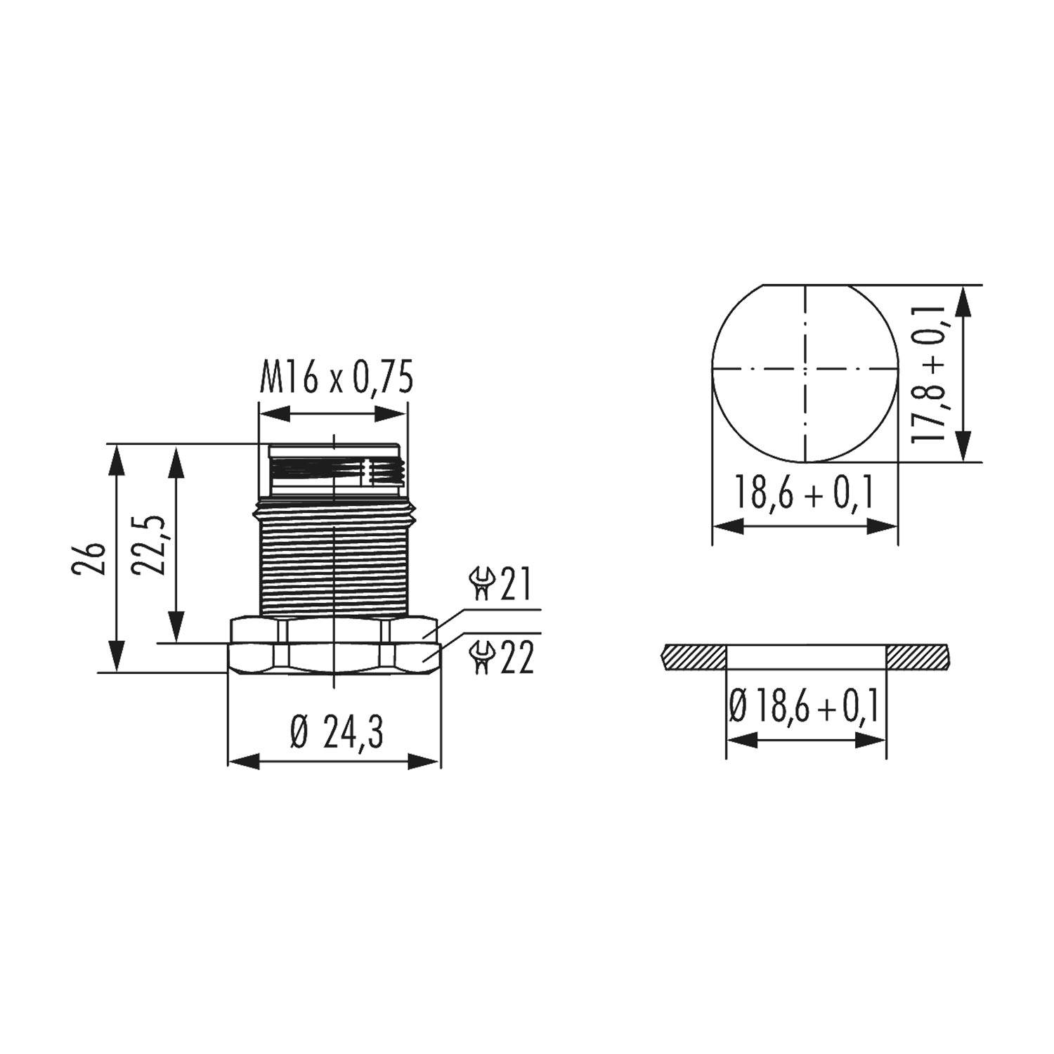 Technische Zeichnung einer zylindrischen Komponente mit beschrifteten Abmessungen. Front- und Seitenansichten heben Durchmesser- und Gewindemessungen hervor.