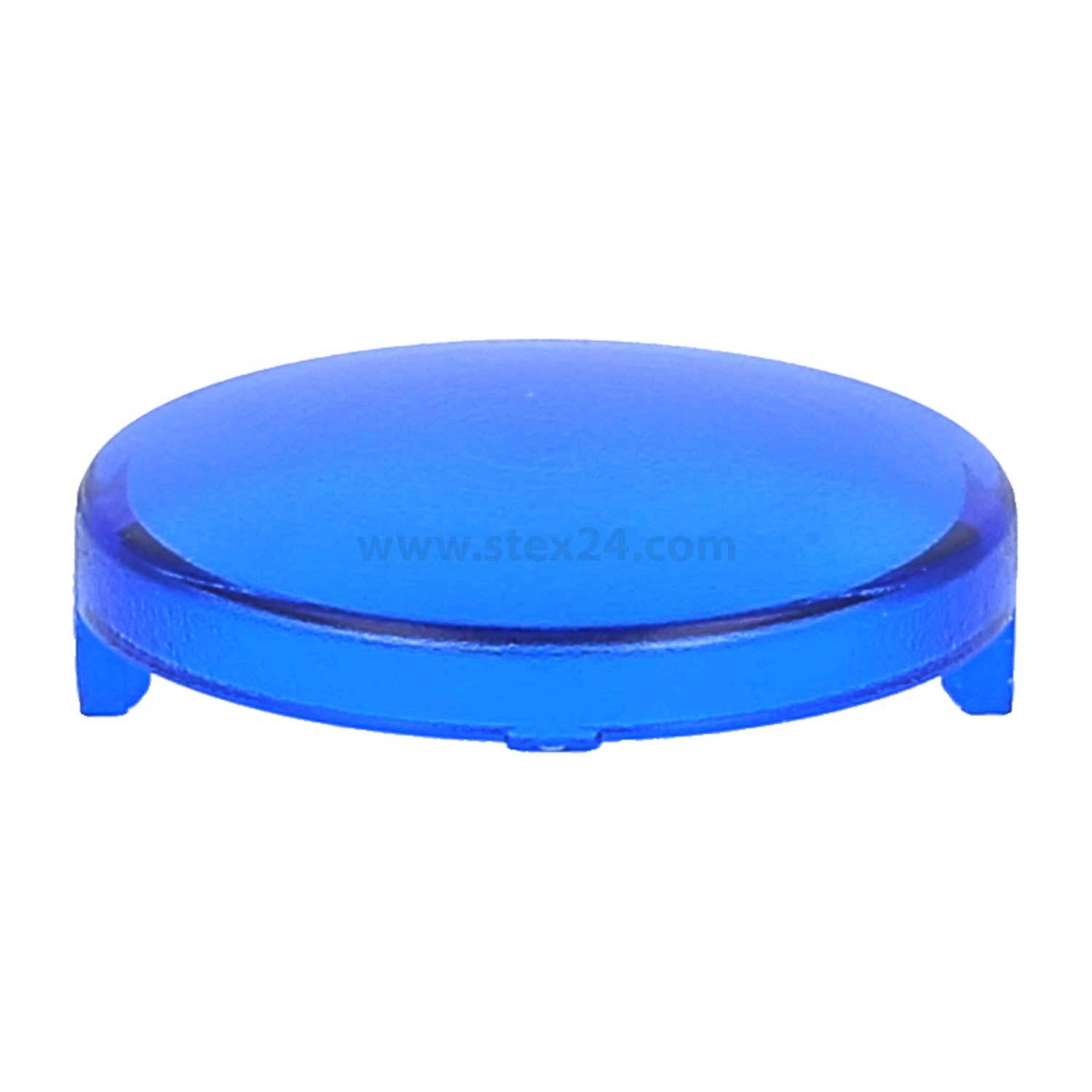 Eine runde blaue Plastiklinse auf weißem Hintergrund, mit leicht reflektierender Oberfläche, die für verschiedene industrielle oder dekorative Anwendungen verwendet wird.