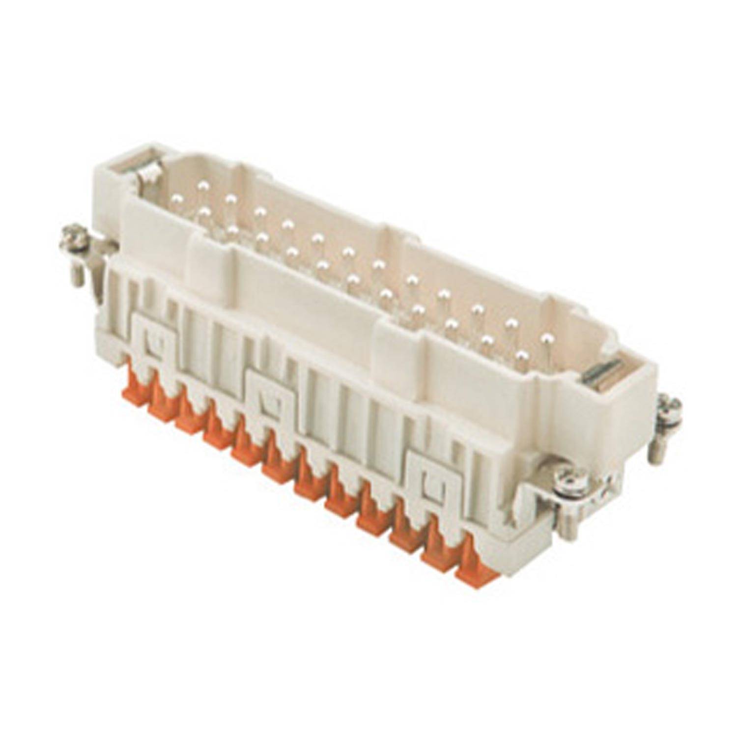 Ein rechteckiger beiger elektrischer Steckverbinder mit mehreren Kontakten und orangefarbenen Akzenten, verwendet für Verdrahtungsanwendungen.
