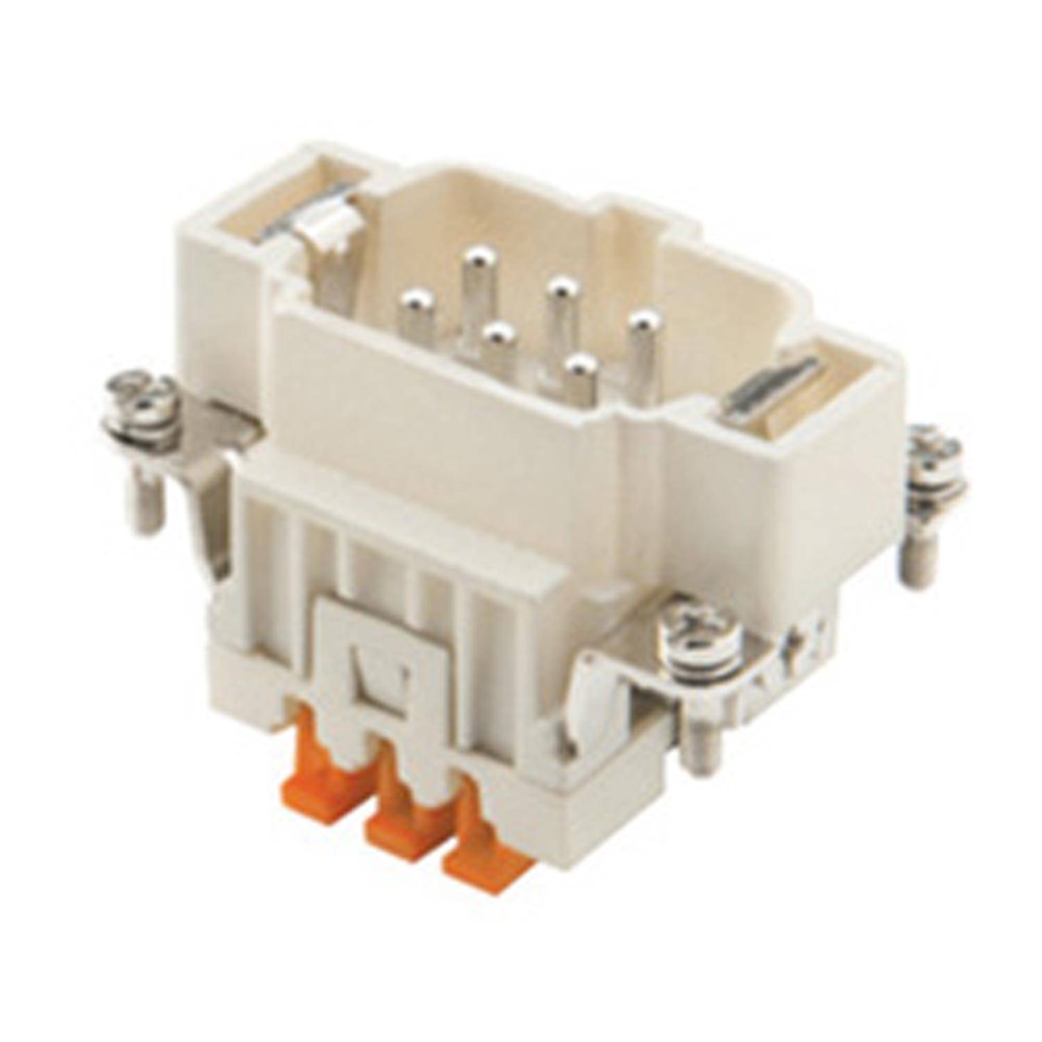 Ein weißer Mehrpin-Elektrostecker mit zwei Befestigungsschrauben und drei orangefarbenen Verriegelungsclips am unteren Ende.