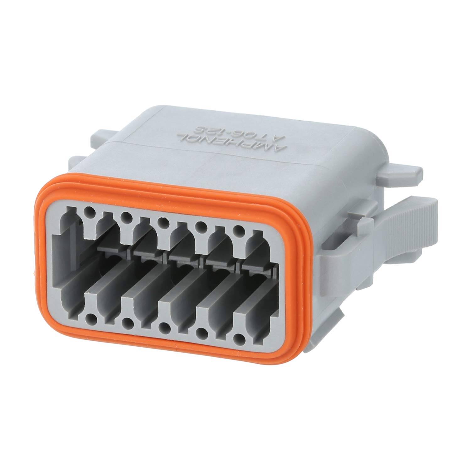 Ein grauer elektrischer Anschluss mit einer orangefarbenen Dichtung, der mehrere Steckplätze für Stifte aufweist und für sichere industrielle oder automotive Verdrahtungsverbindungen ausgelegt ist.