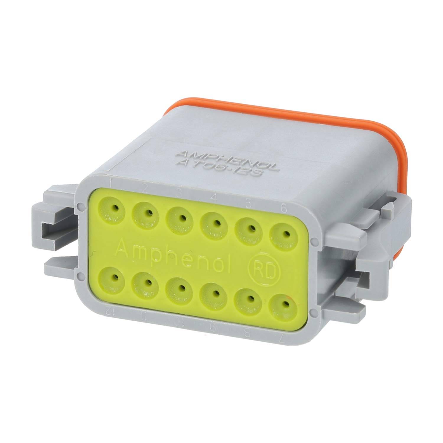 Ein rechteckiger, grau-gelber elektrischer Anschluss mit 12 Anschlüssen und einer orangefarbenen Dichtung, beschriftet mit 'Amphenol'.