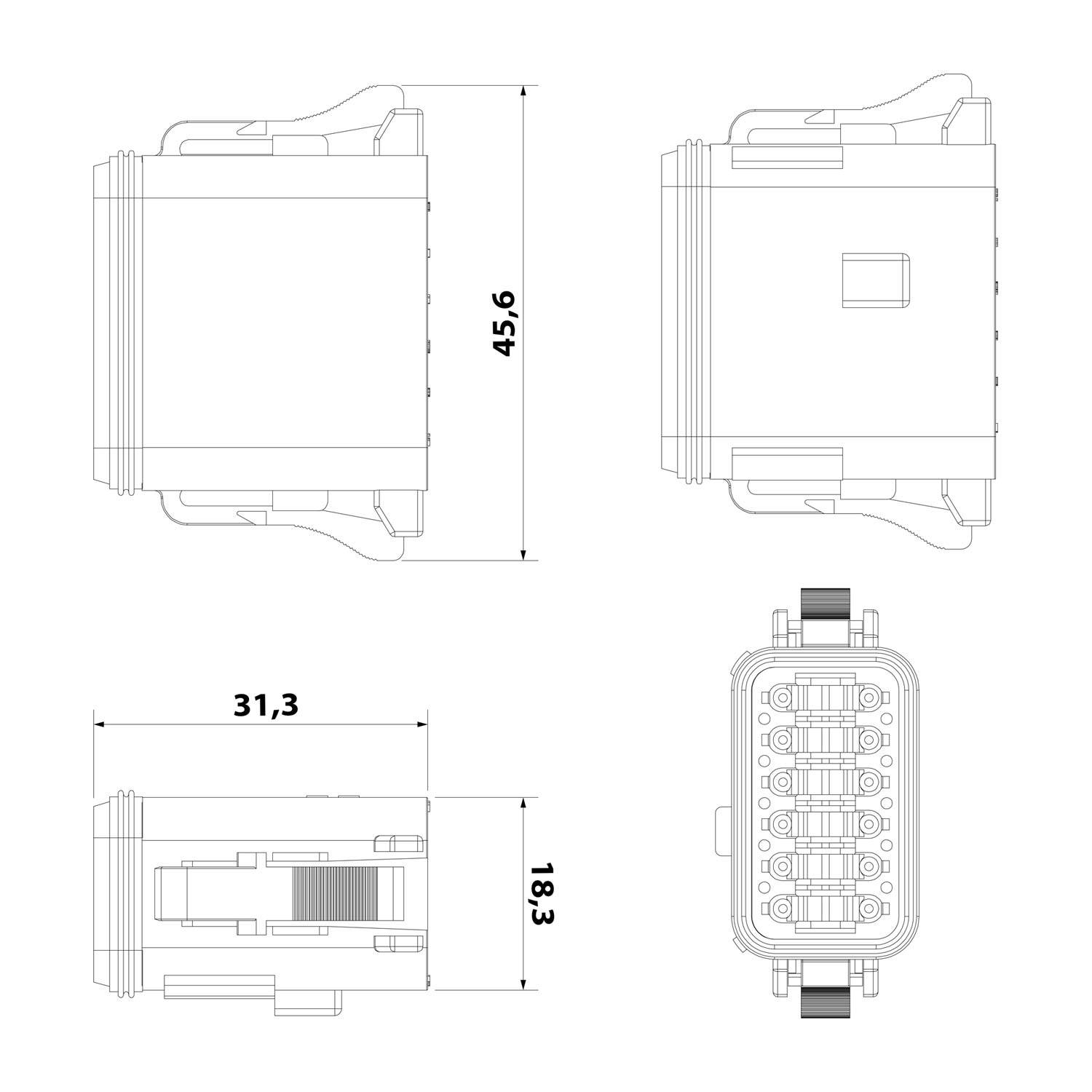 Technische Zeichnung eines Anschlusses mit Abmessungen: Vorderansicht 45,6 mm, Seitenansicht 31,3 mm, Höhe 18,1 mm, Mehrfach-Stiftkonfiguration dargestellt.