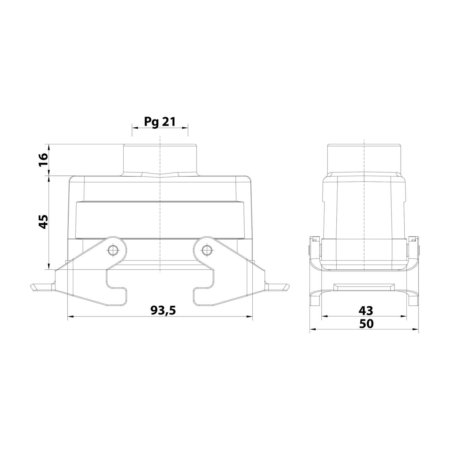 Technische Zeichnung einer industriellen Komponente mit Abmessungen: 93,5 x 45 mm und 43 x 50 mm, Pg-21-Markierung, Front- und Seitenansicht.