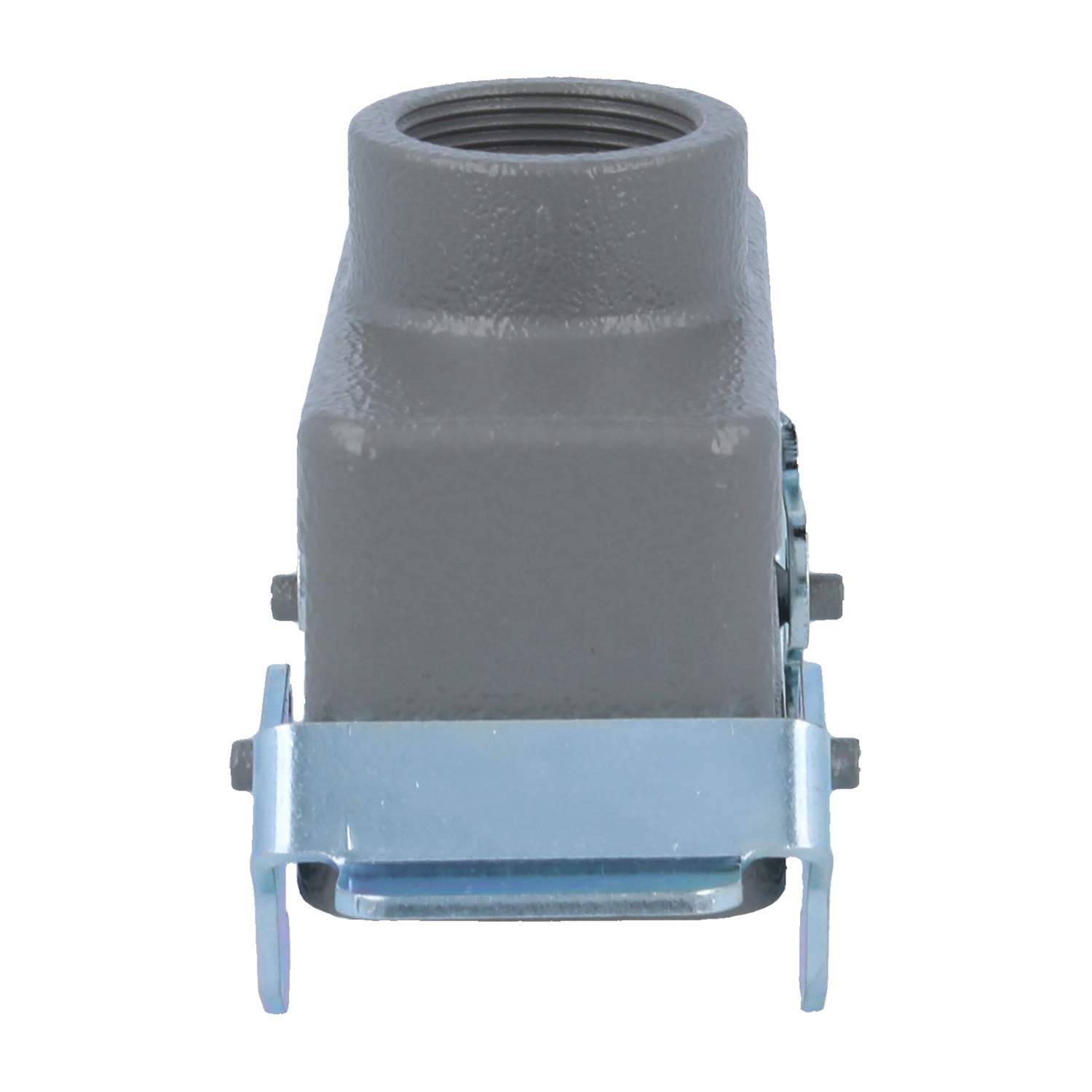 Frontansicht eines grauen industriellen Verbindungsgehäuses mit einer metallischen Basis; zeigt die Öffnung an der Oberseite für elektrische Anschlüsse.