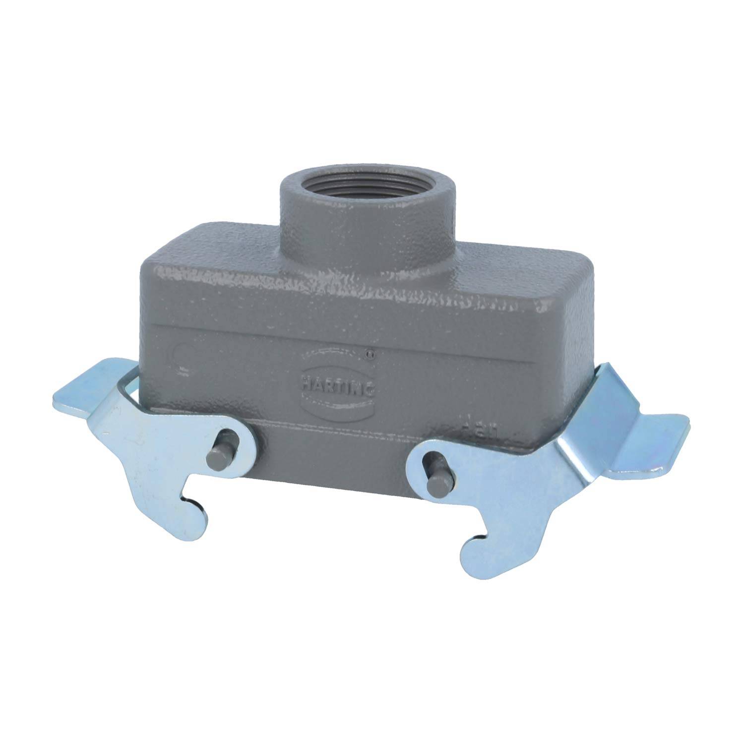 Eine graue metallische Leitungseinführungskappe mit zwei Montageklammern, entwickelt zur Verbindung von elektrischen Leitungen und zum Schutz von Kabeln.