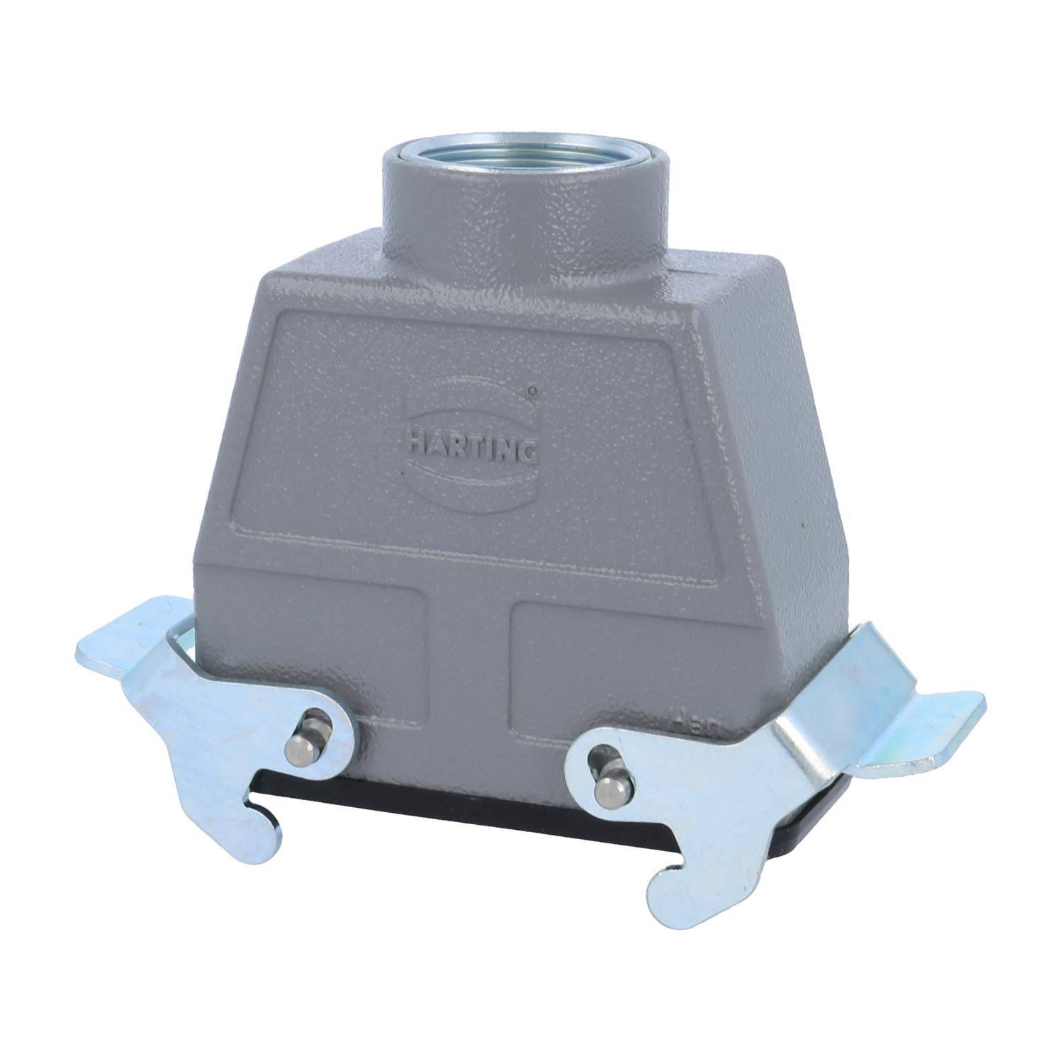 Robustes industrielles Anschlussgehäuse in grau, mit dem 'Harting'-Logo, ausgestattet mit Metallverriegelungen und einem oberen Kabeleingang.