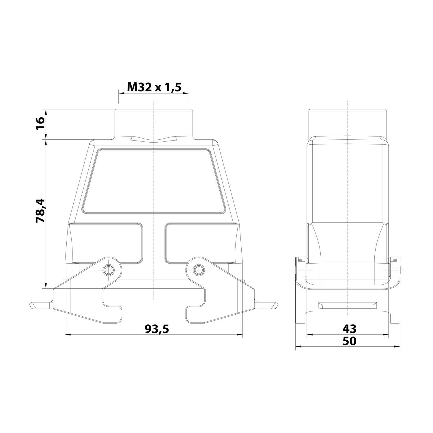 04300160762 HARTING Han 16B Kupplungsgehäuse hoch, 1xM32 gerader Kabelabgang, mit 2 Querbügeln Verschraubung M32