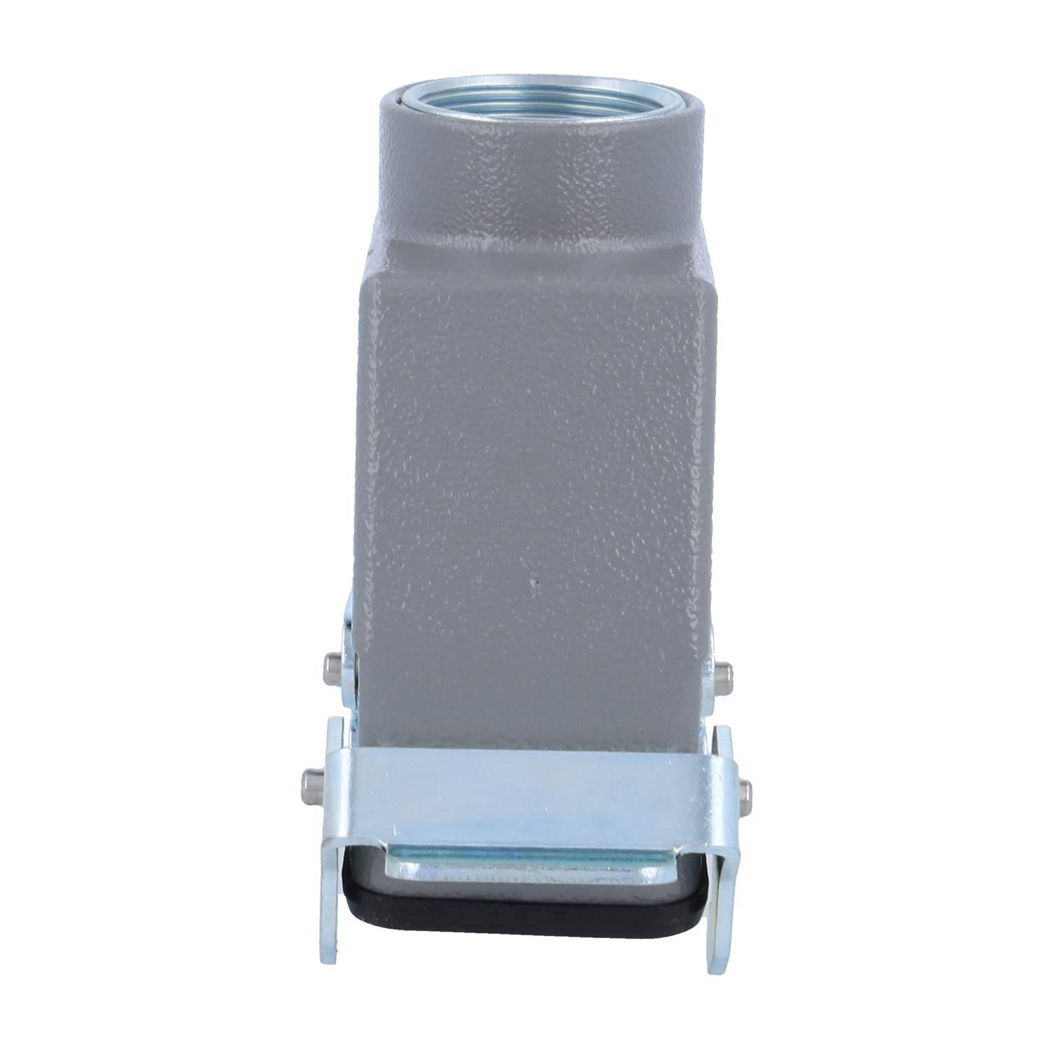 Eine graue, rechteckige Metallkomponente mit einem gerillten Gewinde an der Oberseite und Befestigungsbügeln an den Seiten, wahrscheinlich für industrielle Anwendungen verwendet.