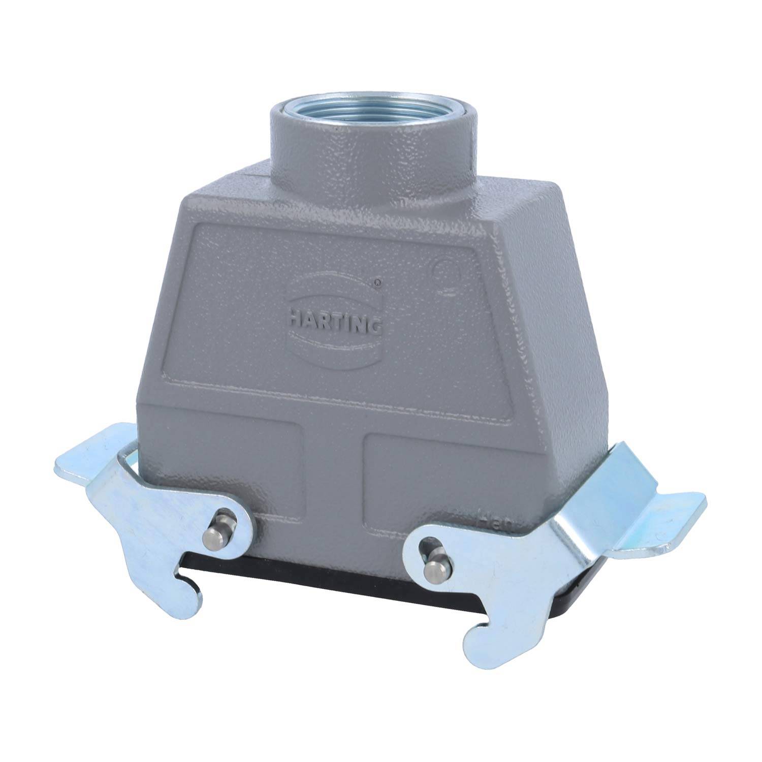Metallisches rechteckiges industrielles Anschlussgehäuse mit gewindeter Oberöffnung und seitlichen Clips für sichere Befestigung, geprägt mit dem 'Harting'-Logo.