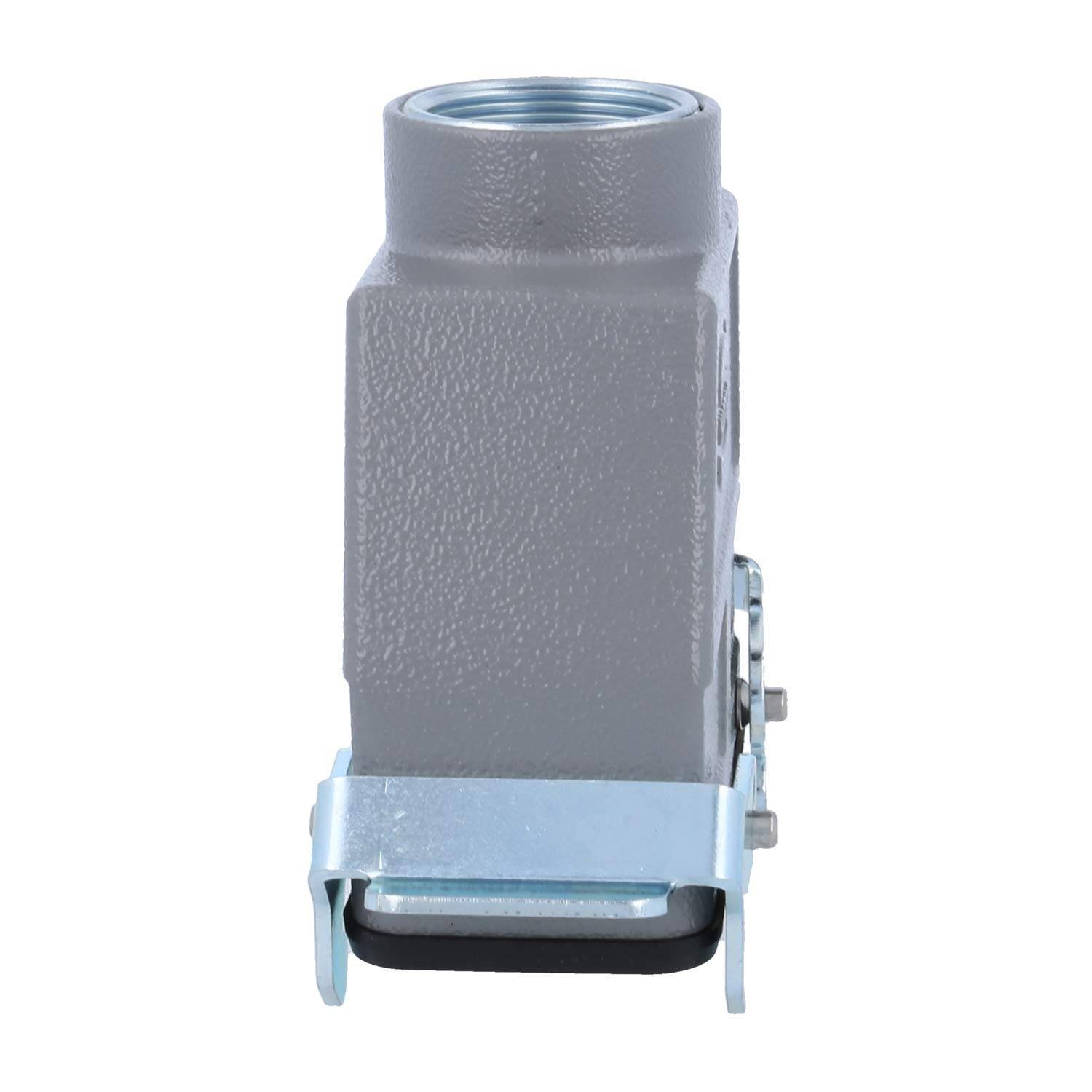 Eine metallisch graue elektrische Kabelverschraubung mit einer zylindrischen Öffnung an der Oberseite und einem metallischen Sicherungsmechanismus am unteren Ende.