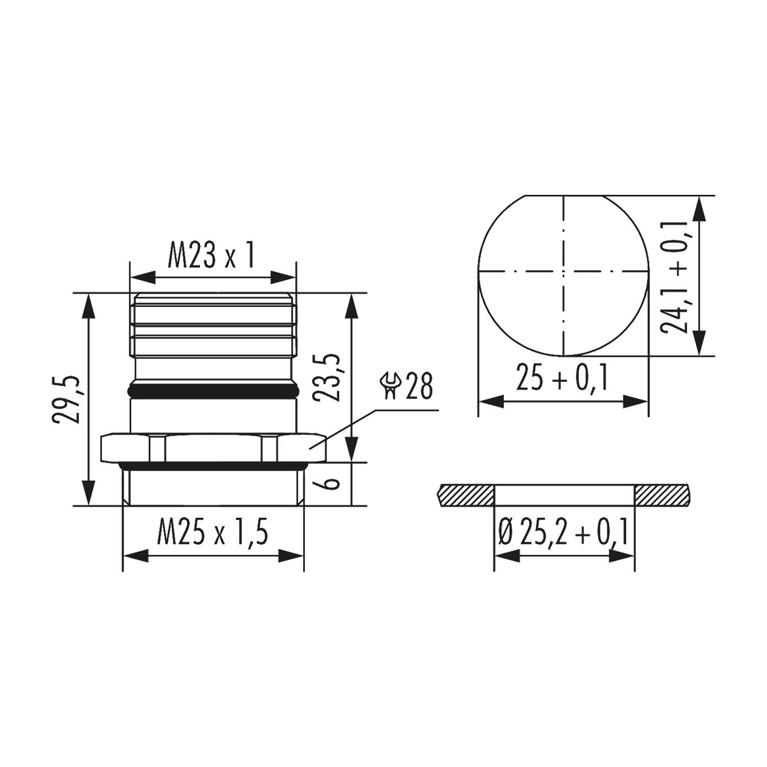Technische Zeichnung einer Zylinderbauteils mit Abmessungen: 25 mm Durchmesser, 29,5 mm Höhe und Gewindedetails M23 x 1 und M25 x 1,5.