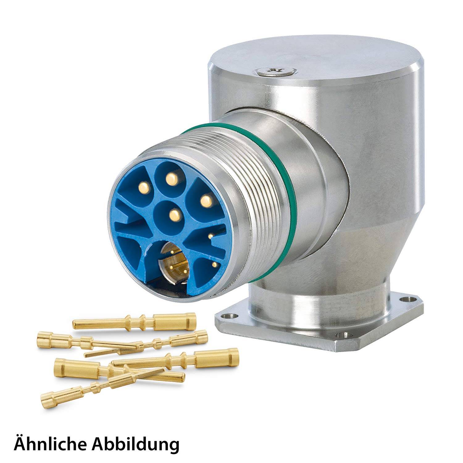 Ein Metall-Elektroanschluss mit einem blauen Zentrum, das mehrere Steckdosen aufweist, begleitet von einigen kleinen zylindrischen Stiften in der Nähe.