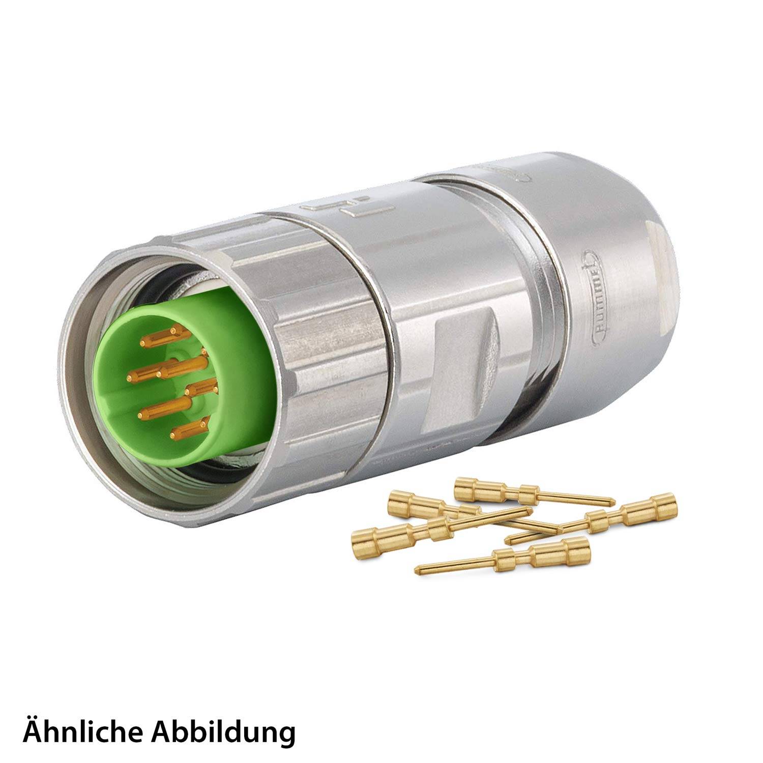 Ein metallischer zylindrischer Stecker in grüner Farbe mit mehreren goldenen Pins, der zerlegt neben einigen kleinen Pinkomponenten dargestellt wird.