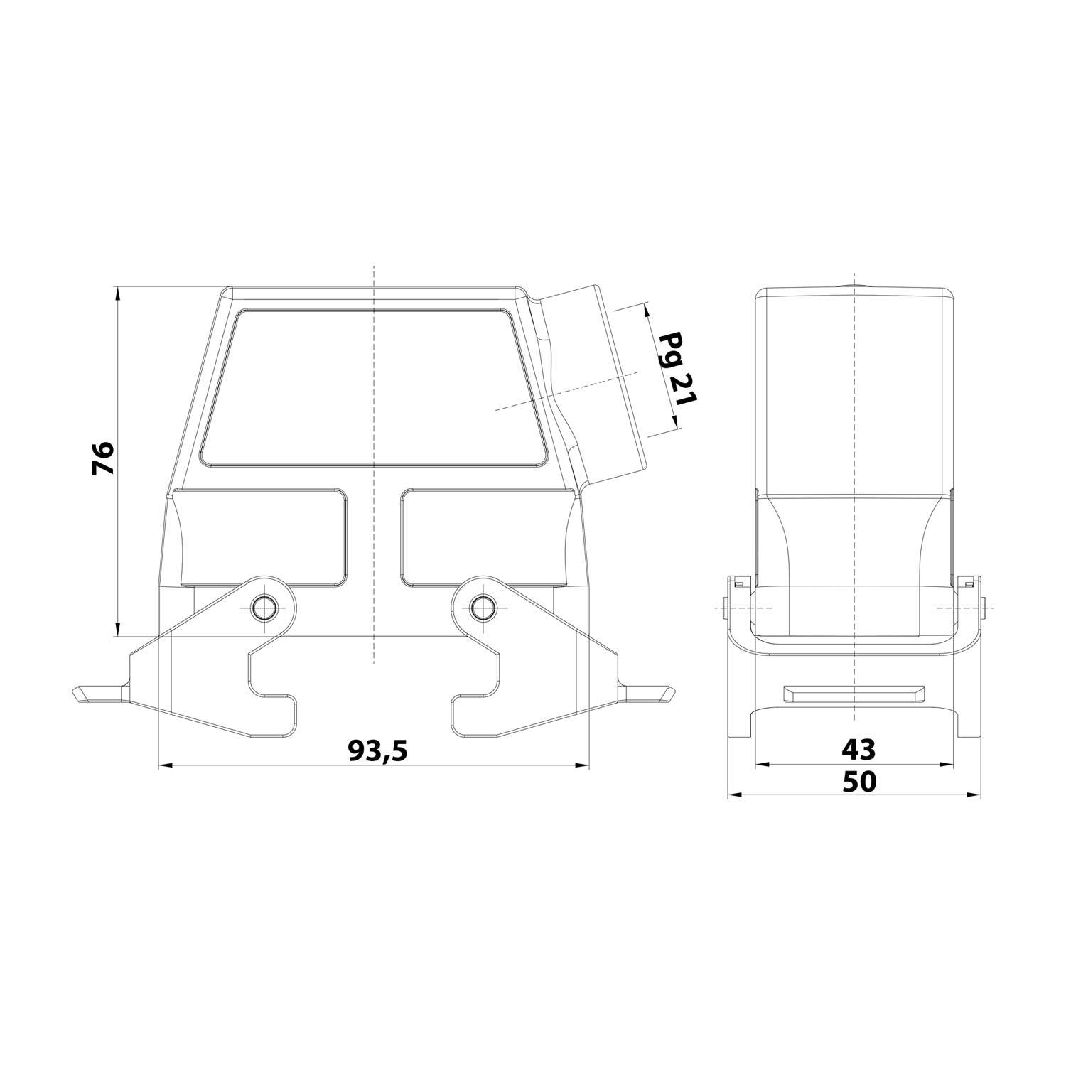 04300160530 HARTING Han 16B Tüllengehäuse hoch, 1xPG21 seitlicher Kabelabgang, mit 2 Querbügeln Verschraubung PG21