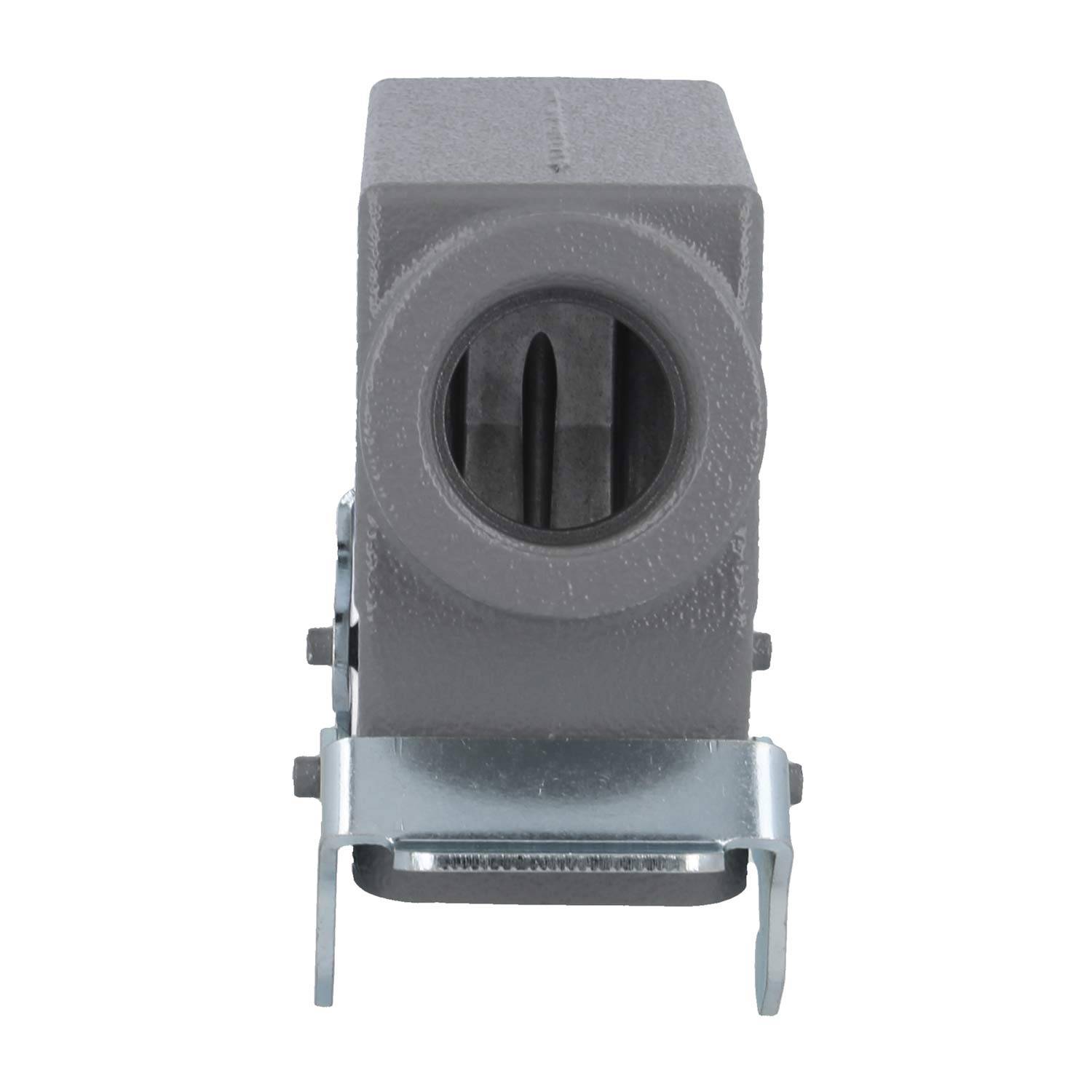 Eine graue elektrische Kabelbefestigungsschelle in quadratischer Form mit Metallhalterung zur Montage auf einer Oberfläche.