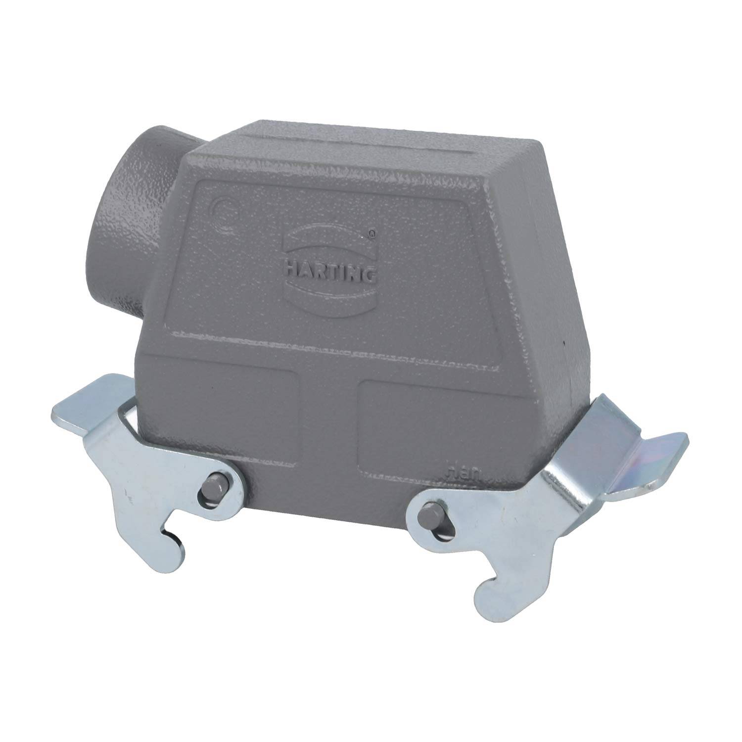 Ein graues industrielles Anschlussgehäuse mit Befestigungsbügeln, beschriftet mit ‚HARTING.
