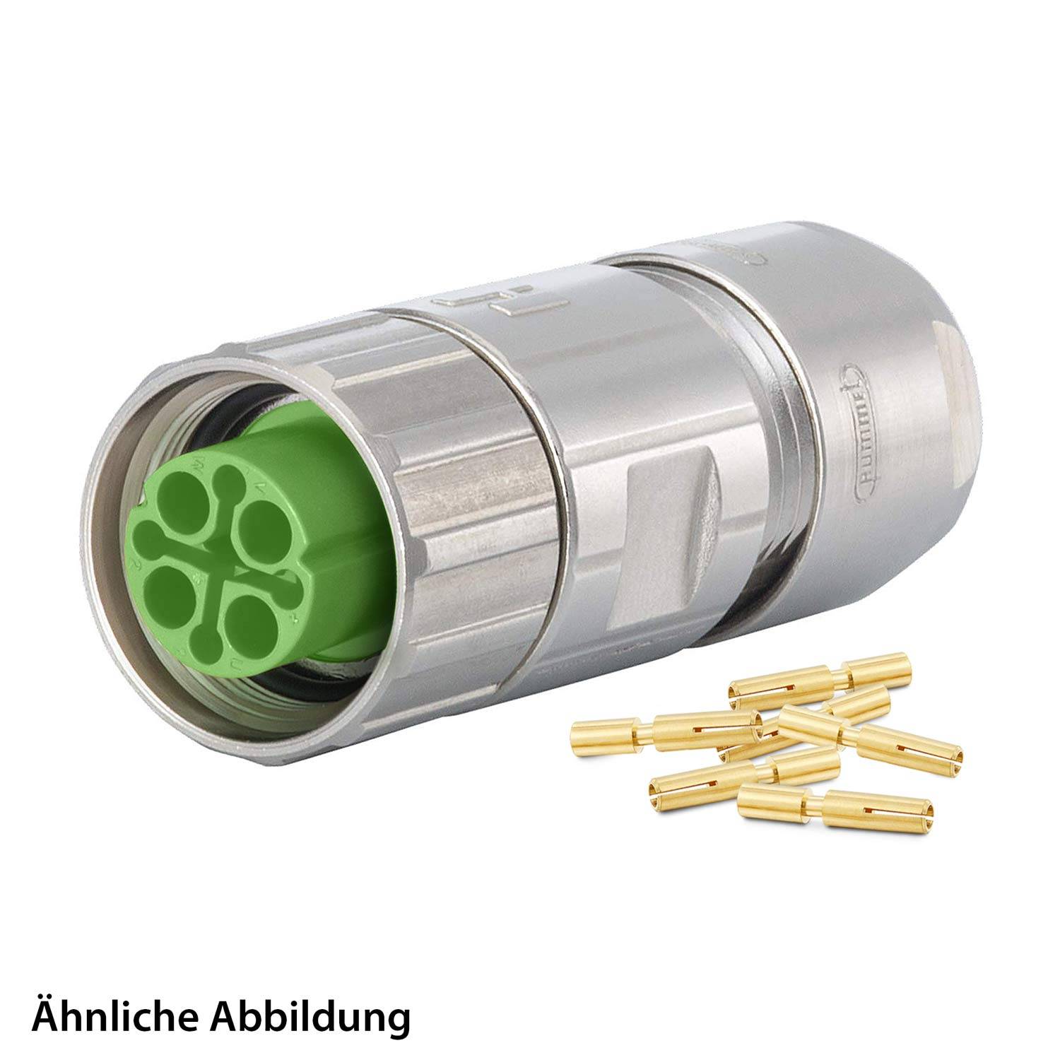 Ein metallischer zylindrischer Anschluss mit grünem Innenraum und mehreren Buchsen wird neben einigen kleinen Messingbolzen dargestellt.