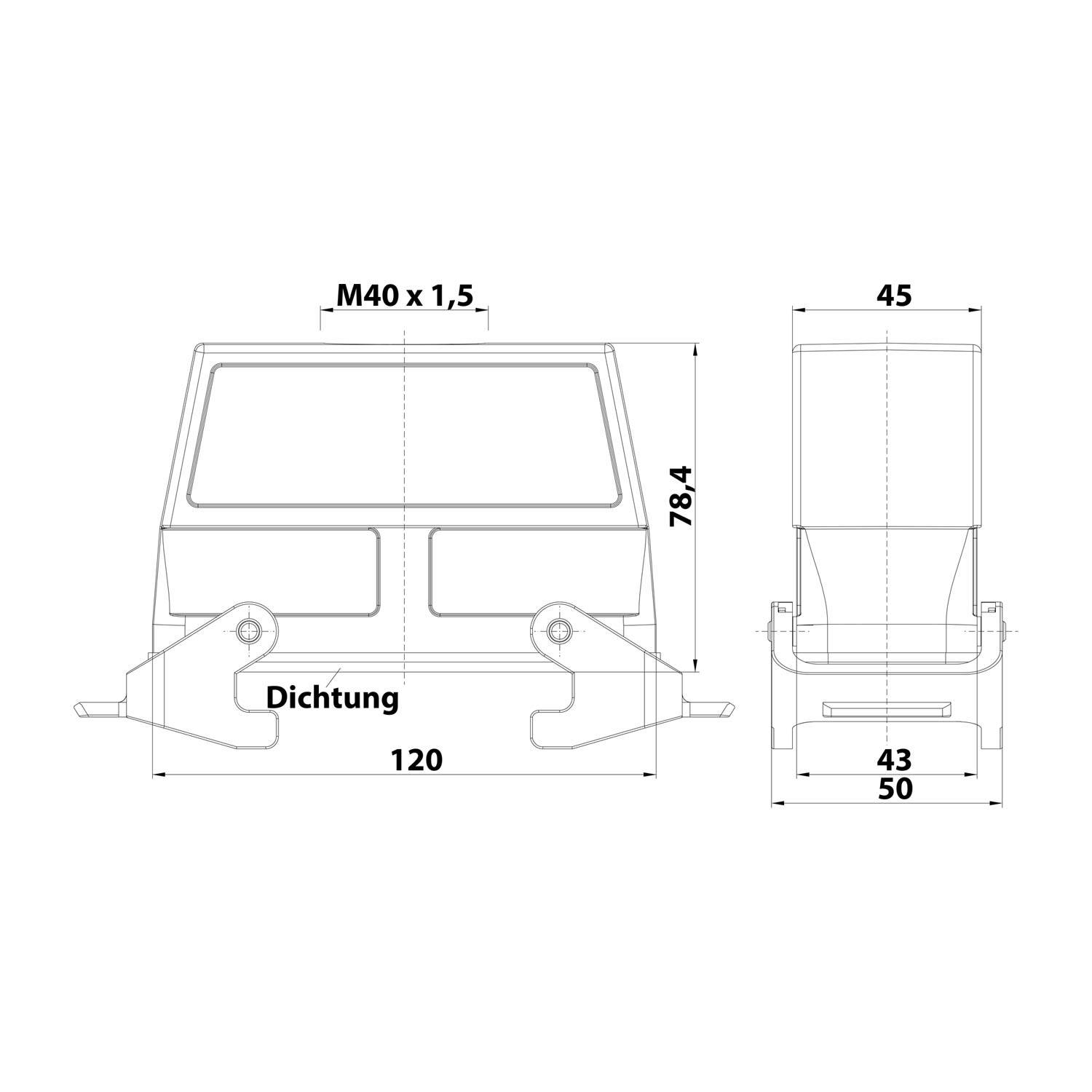 Technische Zeichnung eines rechteckigen Objekts mit beschrifteten Abmessungen. Breite beträgt 120 mm, Höhe 78,4 mm. Merkmale umfassen eine Dichtung.