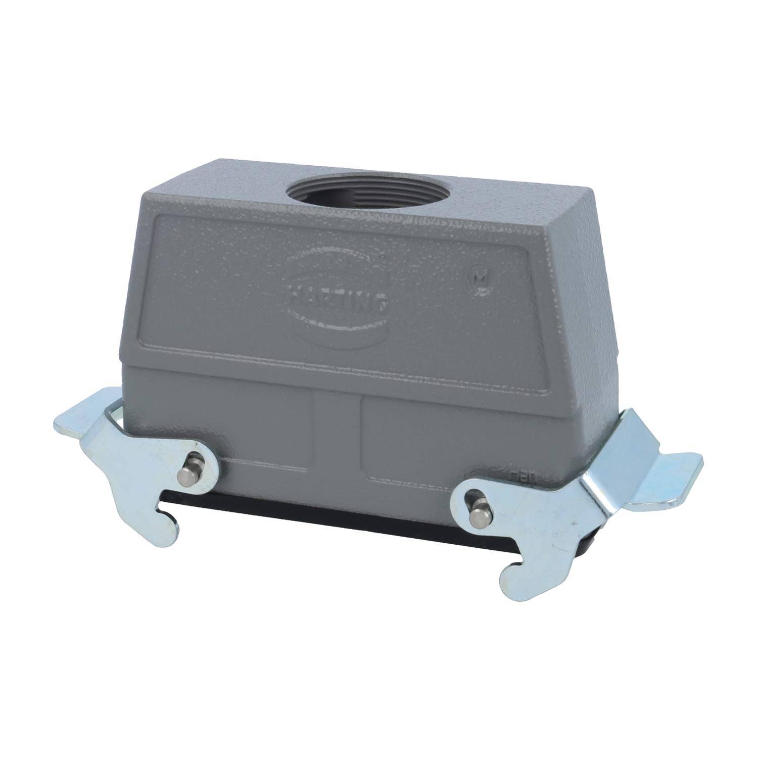 Ein grau-rechteckiges industrielles Anschlussgehäuse mit Metallverriegelungen an den Seiten, ausgelegt für sichere Kommunikationskabelverbindungen.