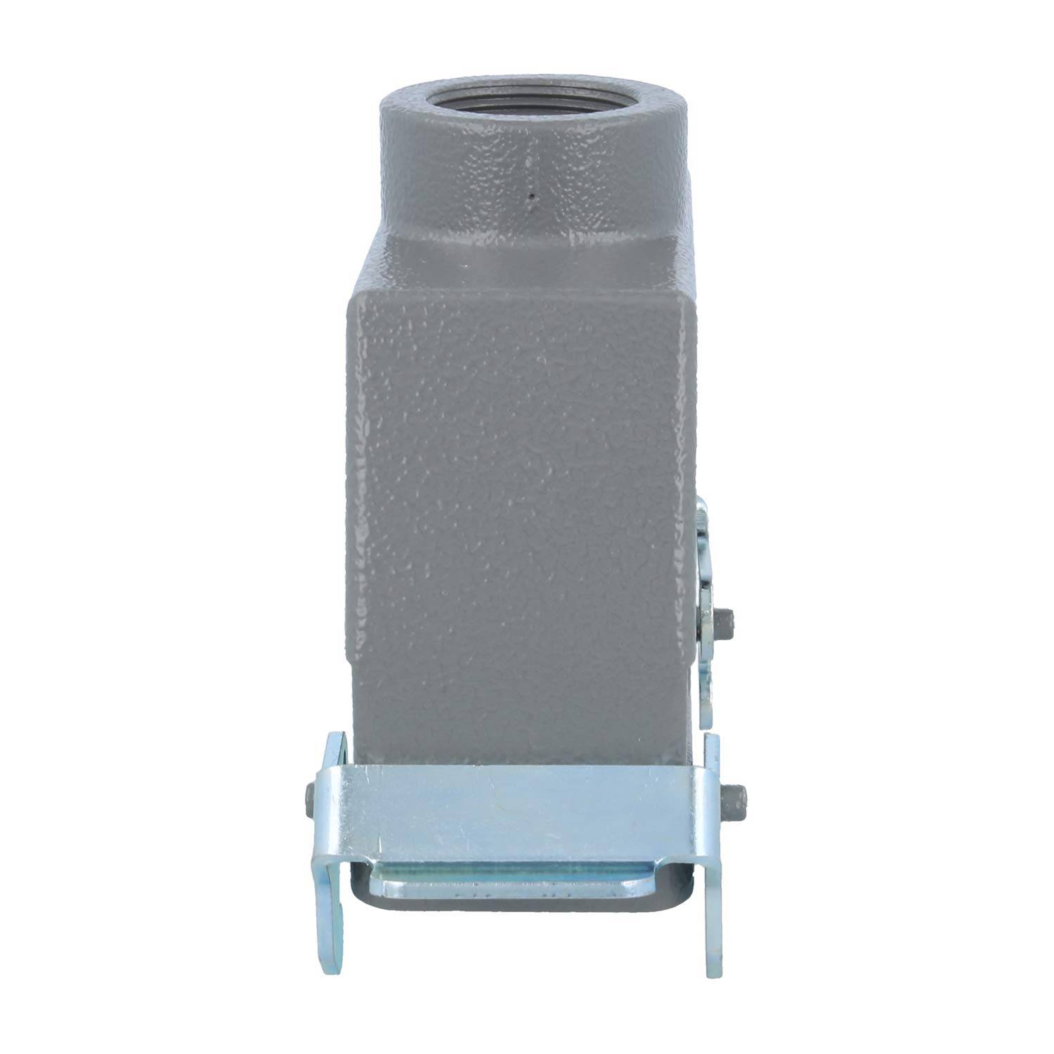 Frontansicht eines grauen rechteckigen Elektrogehäuses mit einer oberen Gewindeöffnung und metallenem Befestigungsbügel an der Basis.