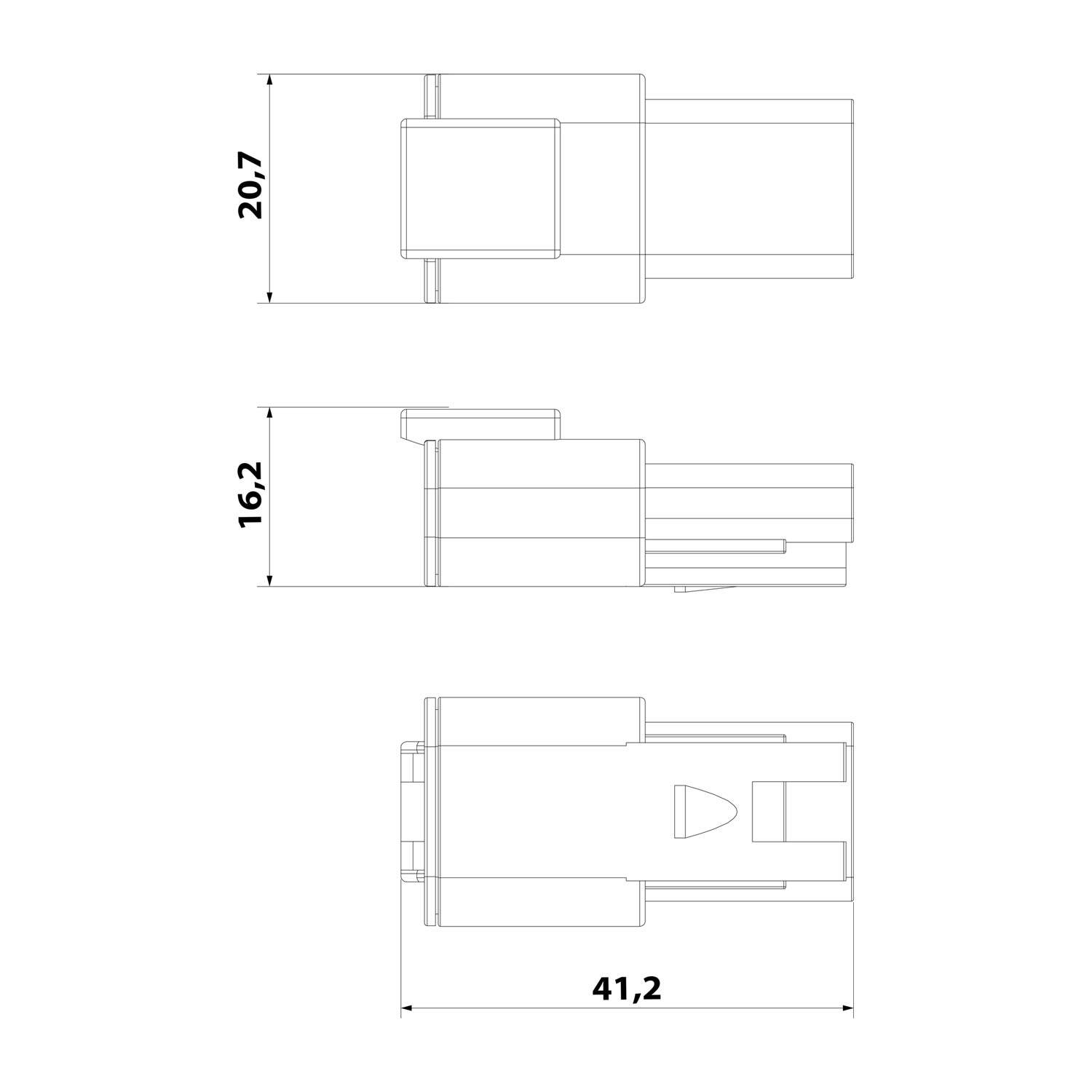 Technische Zeichnung eines mechanischen Bauteils mit drei Ansichten: Draufsicht, Seitenansicht und Vorderansicht. Abmessungen sind mit 20,7, 16,2 und 41,2 Einheiten gekennzeichnet.