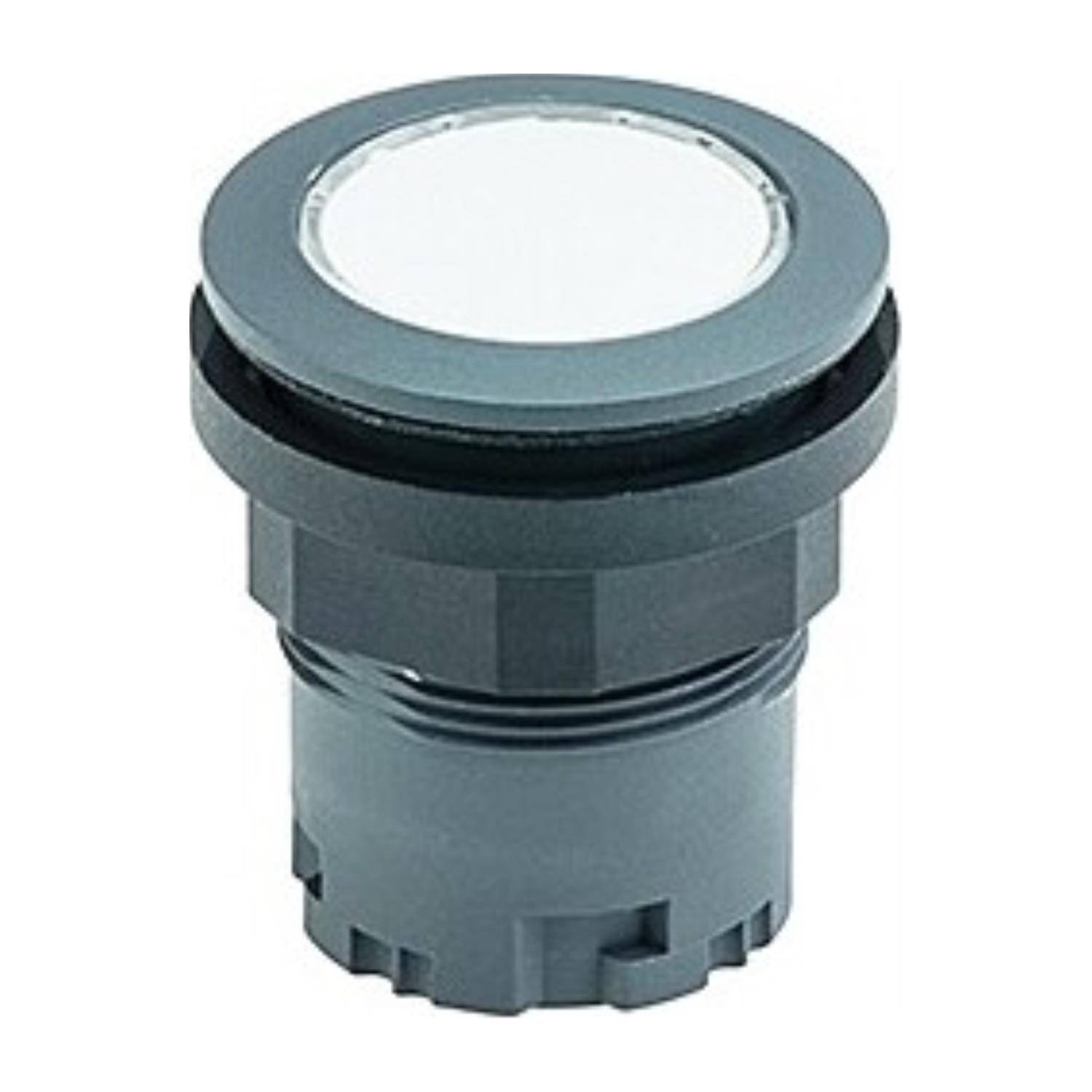 Ein runder, grauer Druckknopf mit weißem Zentrum, konzipiert für industrielle Steuerungssysteme oder Maschinensteuerung.