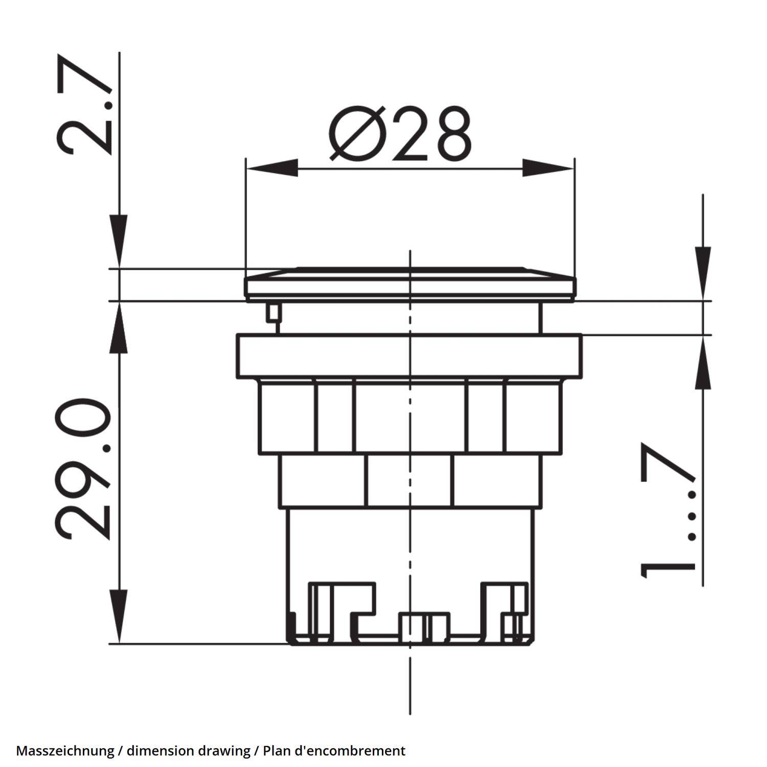 Maßzeichnung eines zylindrischen Objekts mit einem Durchmesser von 28 mm und einer Höhe von 29 mm. Beschriftet mit 'Ø28' und '29.0'.