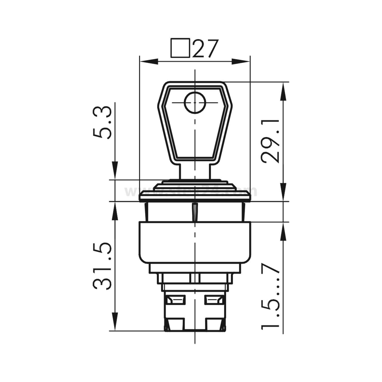Schalterskizze eines Drehschlüsselschalters mit dimensionalen Maßangaben: Breite 27 mm, Höhe 29,1 mm, mit spezifischen Ausrichtungs- und Passungsdetails.