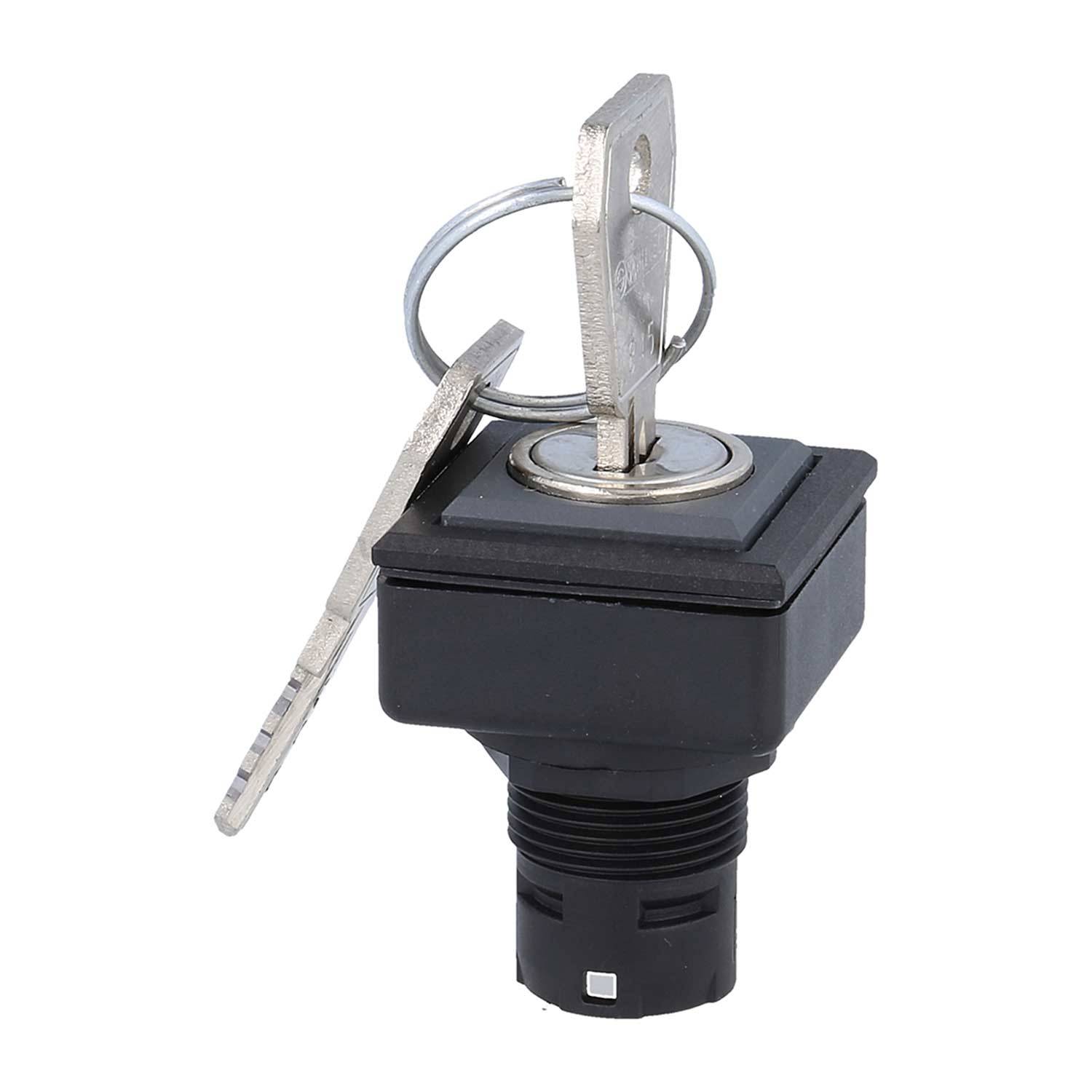 Ein quadratischer Schlüsselschalter mit einem silbernen Schlüssel, der zur sicheren Aktivierung von Steuerungen in elektrischen Stromkreisen verwendet wird.