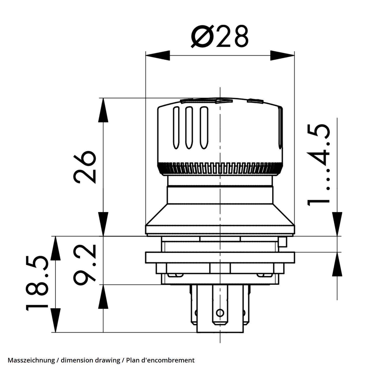 Maßzeichnung eines Schalters, mit Abmessungen: Durchmesser 28 mm, Höhe 26 mm, Basishöhe 18,5 mm und Aussparungsbereichen.
