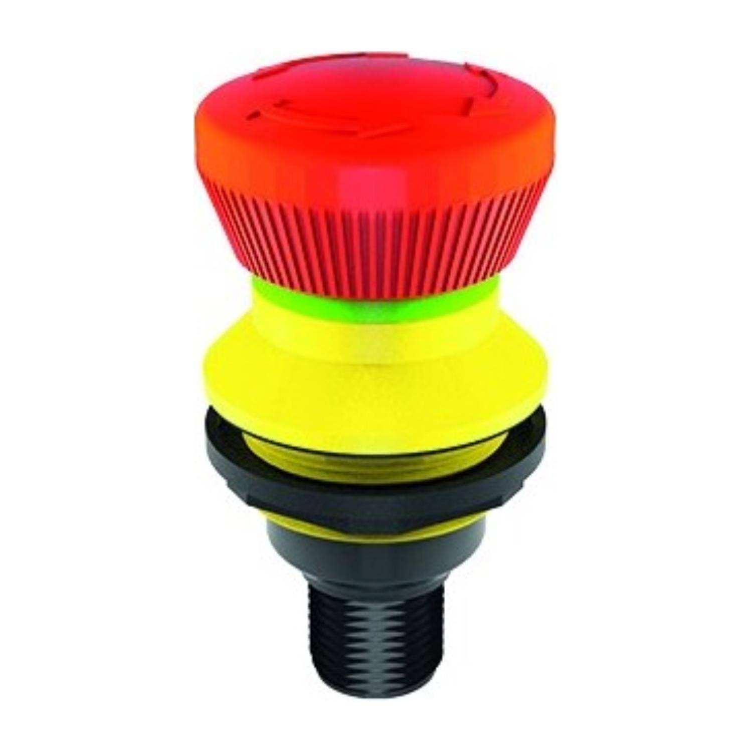 Not-Aus-Schalter mit roter Kappe, gelbem Sockel, entwickelt für die Sicherheit in industriellen oder maschinellen Umgebungen.