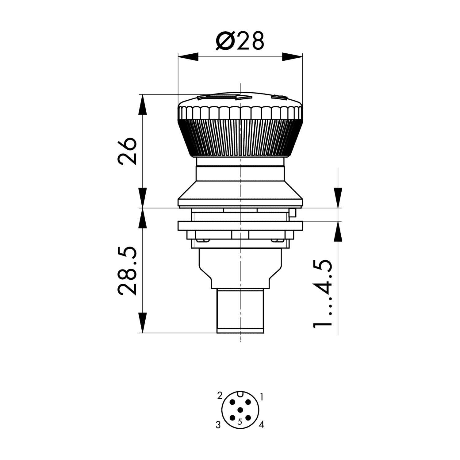 Technische Zeichnung eines runden Knopfes, beschriftet mit Maßen: Durchmesser Ø28, Höhe 26, sowie zusätzlichen Größenangaben 28,5 und 1...4,5.