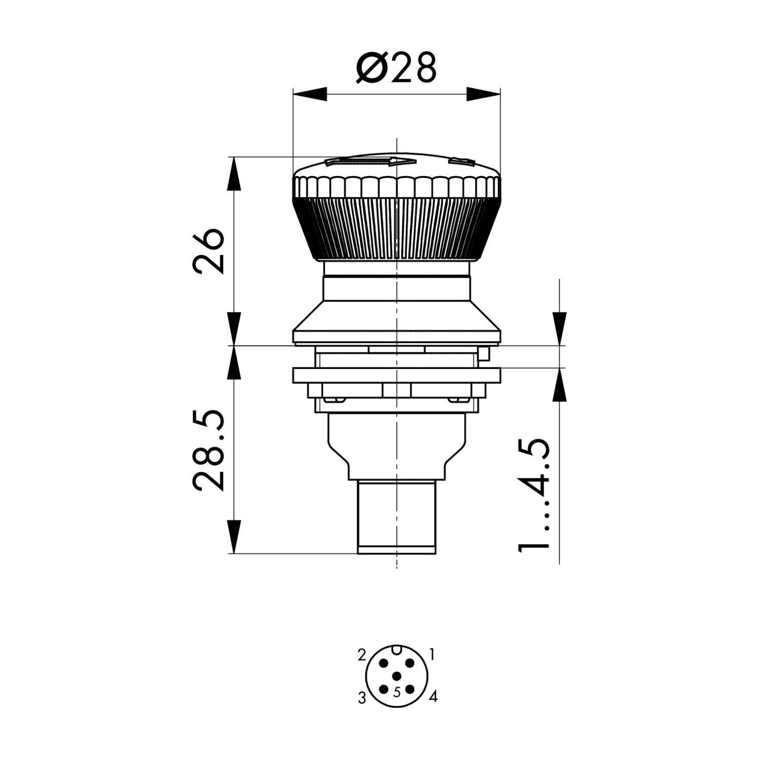 Diagramm eines Buttons mit Durchmesser 'Ø28'. Gesamthöhe '26' und '28,5'. Höhe über Panel '1...4,5'. Ansicht von unten zeigt einen kreisförmigen Anschluss.