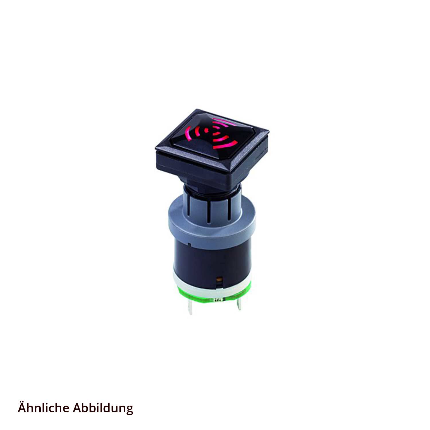 Eine Taste mit schwarzer quadratischer Oberfläche und rotem WLAN-Symbol, die für Signalübertragung oder drahtlose Kommunikation verwendet wird. Ähnliches Bild gezeigt.