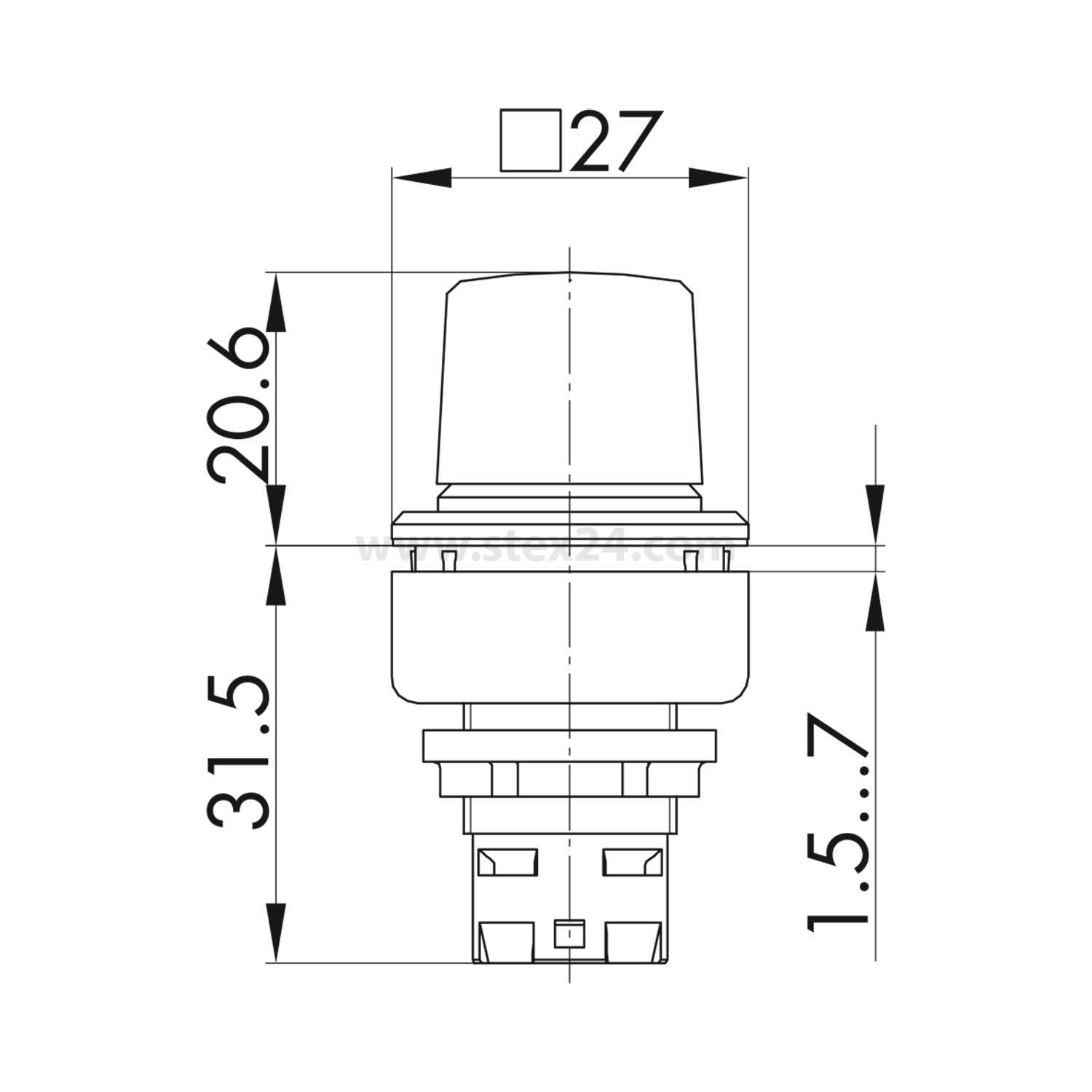Technische Zeichnung eines Schalters mit Abmessungen: 27 mm Breite, 20,6 mm Höhe und 31,5 mm Gesamthöhe. Einbautiefe beträgt 1,5 bis 7 mm.