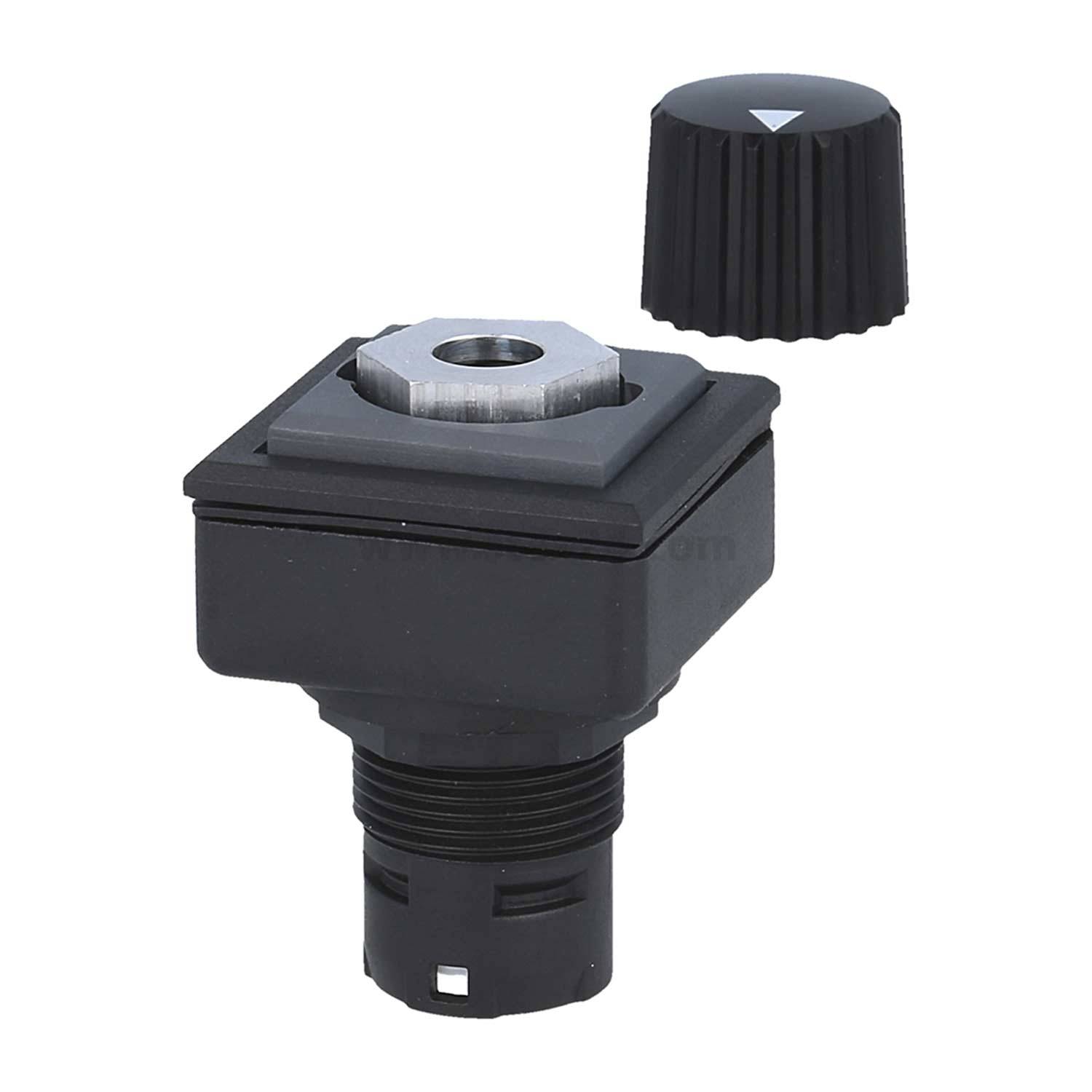 Ein schwarzer Drehknopf mit seiner abnehmbaren Grundplatte, entwickelt für elektronische Geräte, mit einem dreieckigen Indikator an der Oberseite zur Ausrichtung.