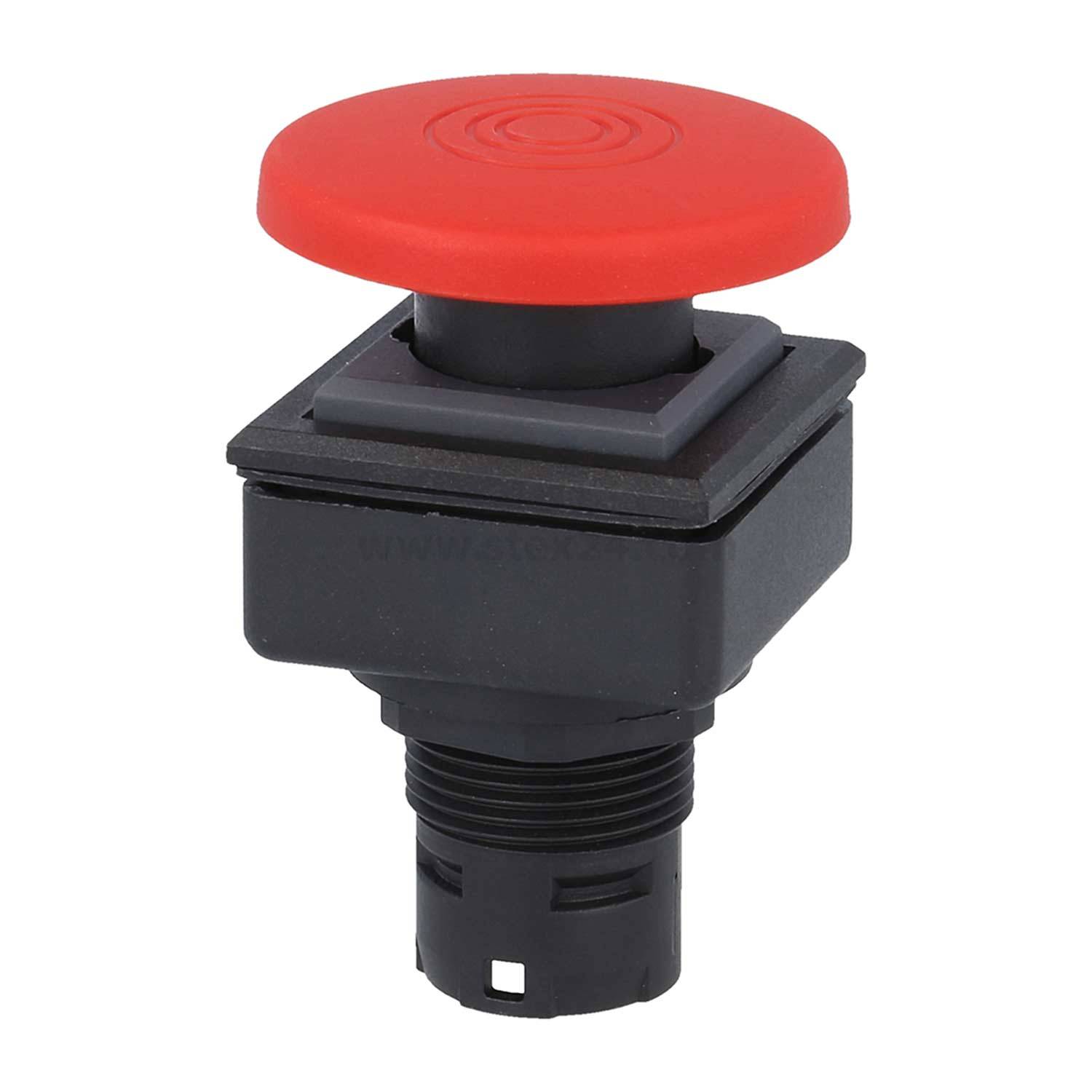 Roter Not-Aus-Druckschalter mit schwarzer Basis, der für industrielle Maschinen entwickelt wurde, um Prozesse in dringenden Situationen schnell zu stoppen.