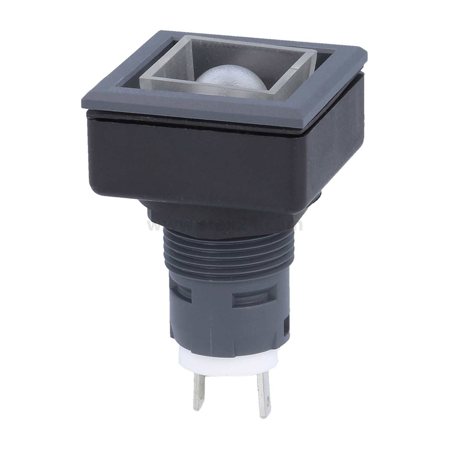 Ein quadratischer Joystick-Tastenschalter mit einer metallischen Kugeloberfläche und drei elektrischen Kontaktstiften am Boden, entwickelt für elektronische Geräte.