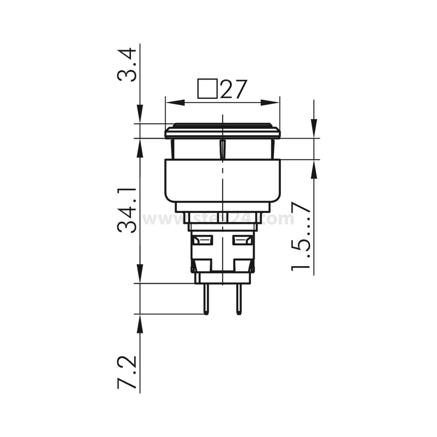 "Technische Zeichnung Buttonbaugruppe", mit Maßen: 34,1 mm Höhe, 27 mm Breite und Positionierungsmaßen von 7,2 mm und 3,4 mm.