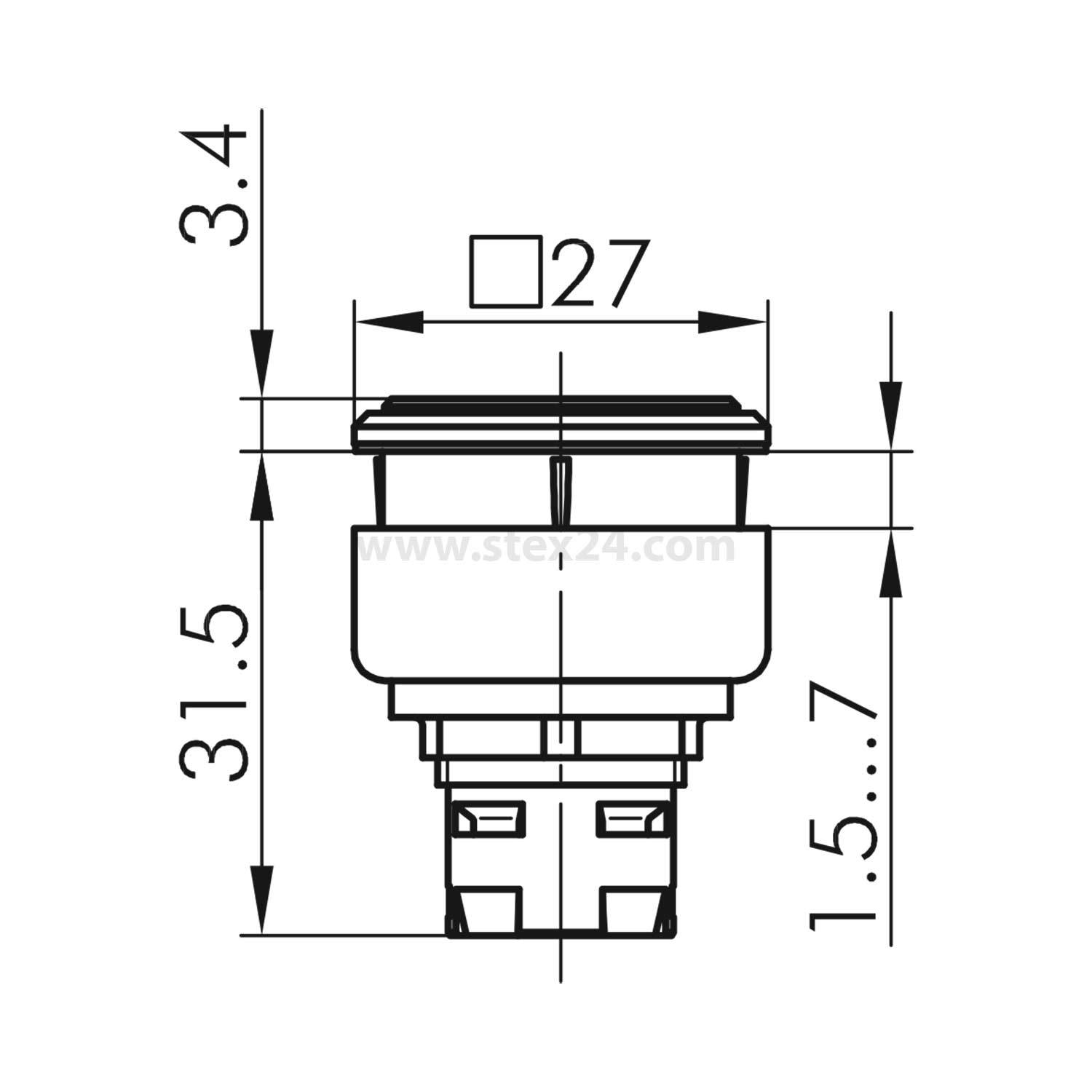 Technische Zeichnung eines Tastschalters mit Maßangaben: 27 mm breit, 31,5 mm hoch, mit einer Vorsprung von 3,4 mm und einer Basisbreite von 1,5-7 mm.